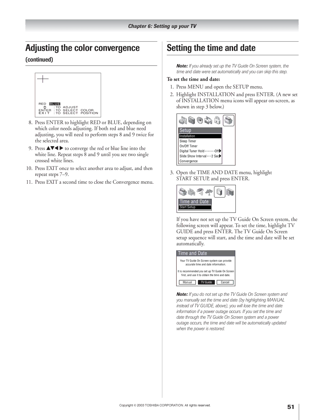 Toshiba 51H93 owner manual Setting the time and date, To set the time and date 