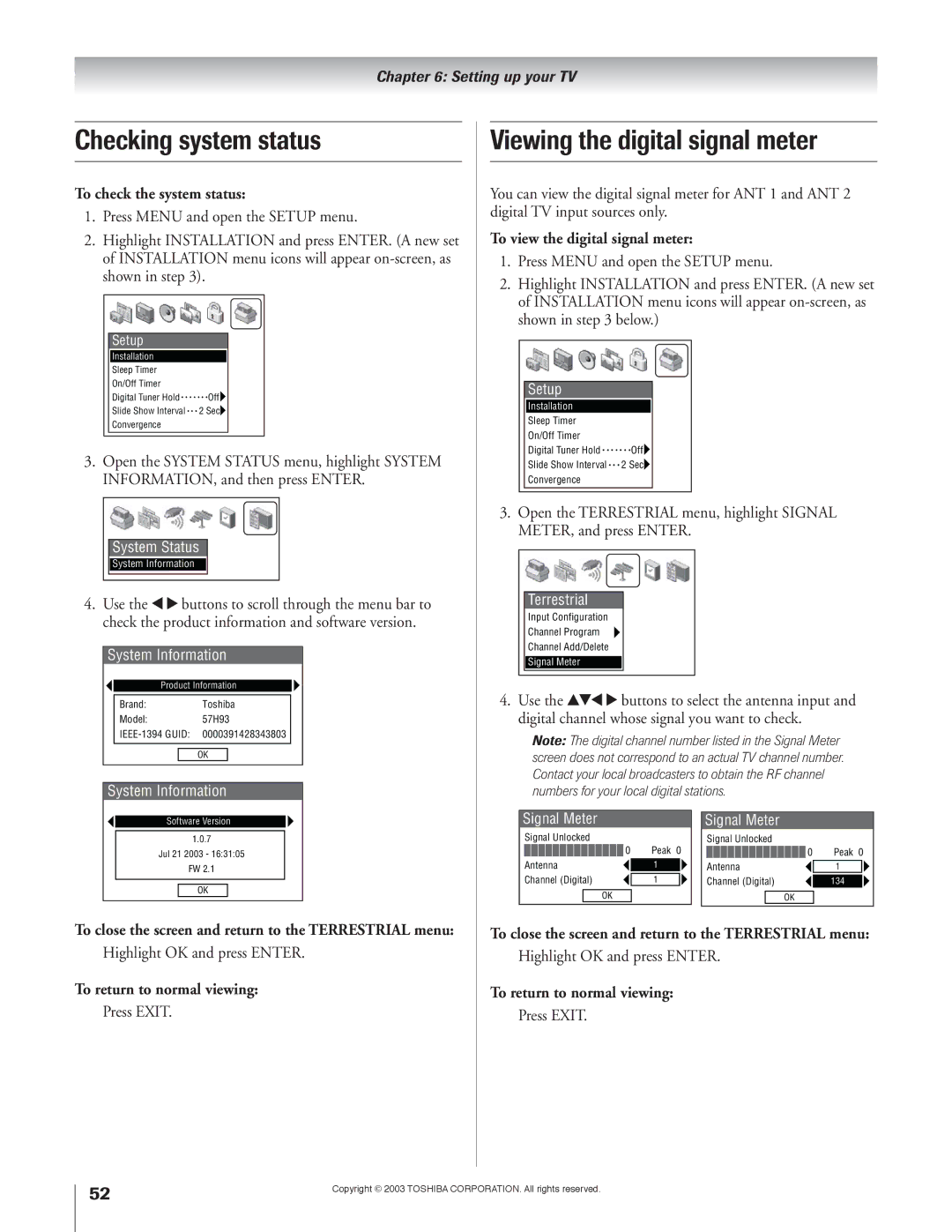 Toshiba 51H93 owner manual Checking system status, Viewing the digital signal meter 