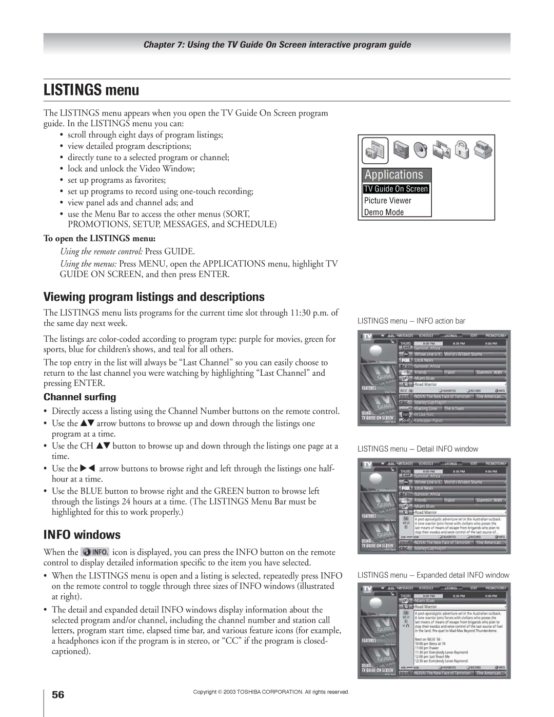 Toshiba 51H93 owner manual Listings menu, Viewing program listings and descriptions, Info windows, Channel surfing 