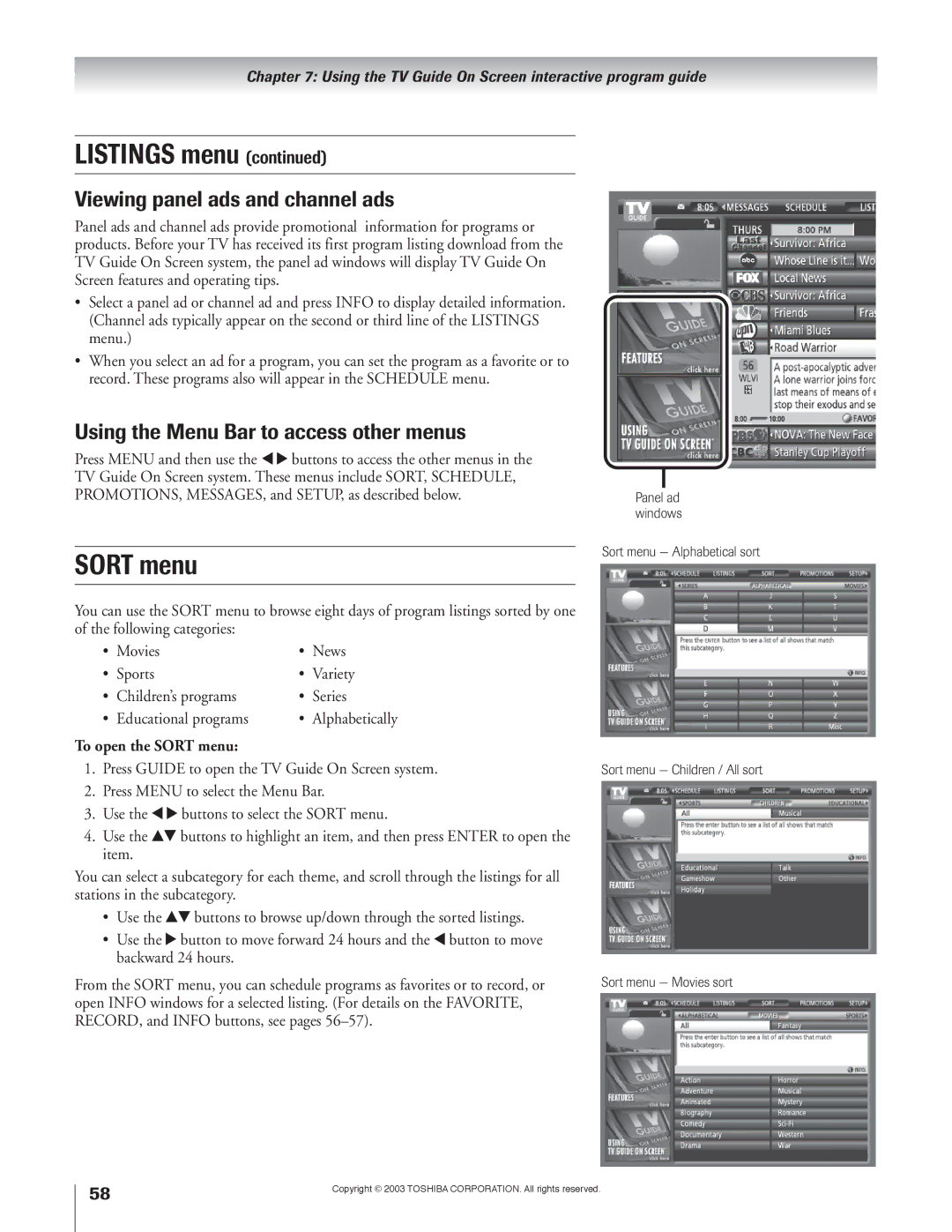 Toshiba 51H93 owner manual Sort menu, Viewing panel ads and channel ads, Using the Menu Bar to access other menus 