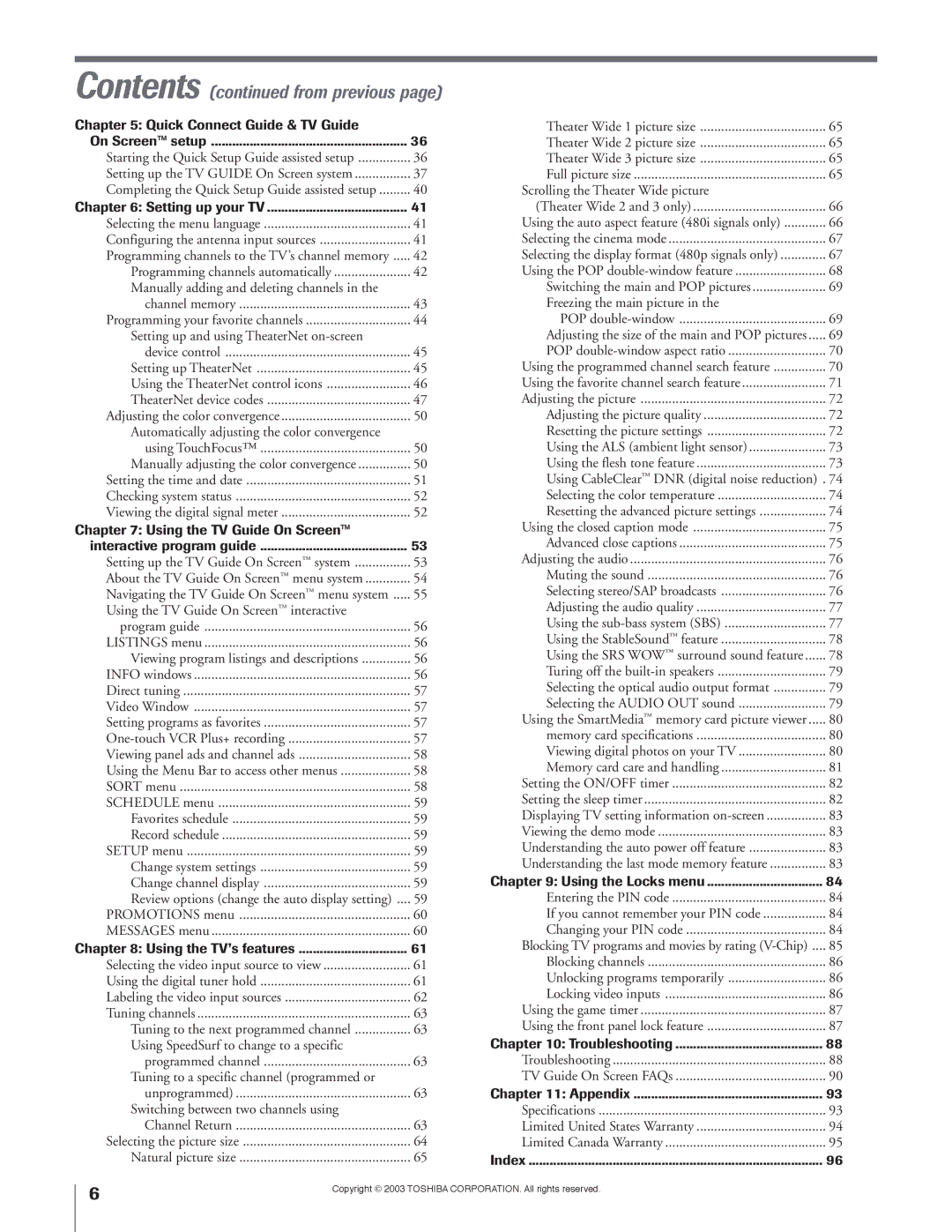 Toshiba 51H93 owner manual Contents from previous 