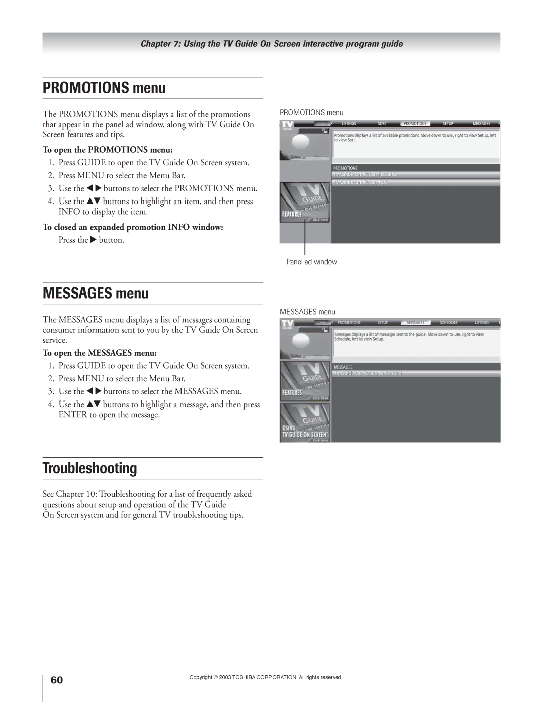 Toshiba 51H93 owner manual Promotions menu, Messages menu, Troubleshooting 