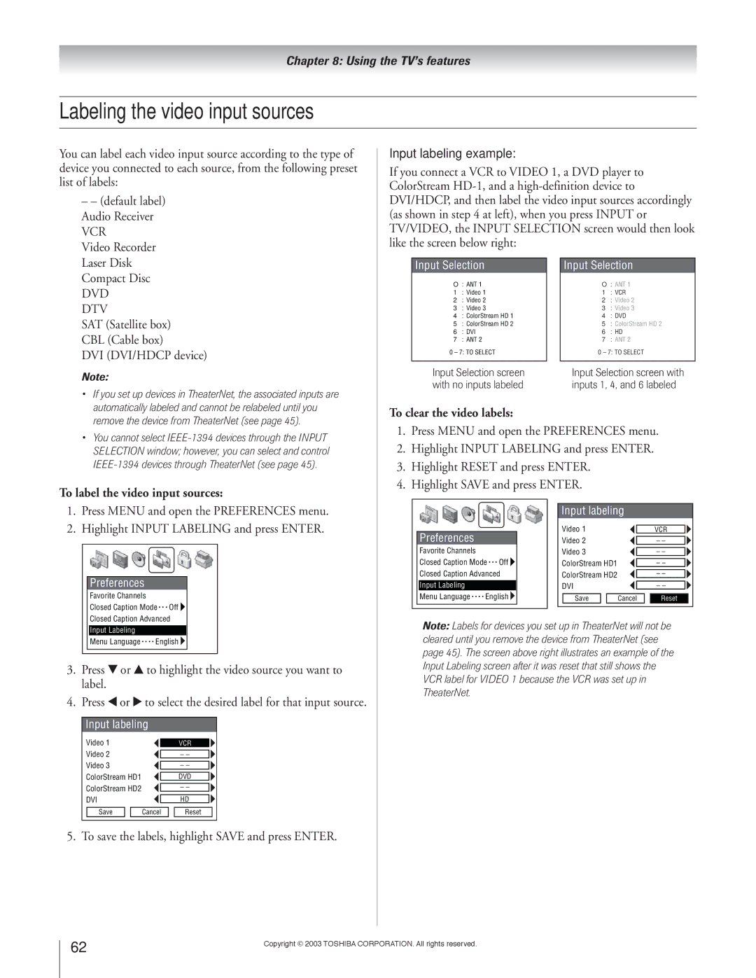 Toshiba 51H93 owner manual Labeling the video input sources, To label the video input sources To clear the video labels 