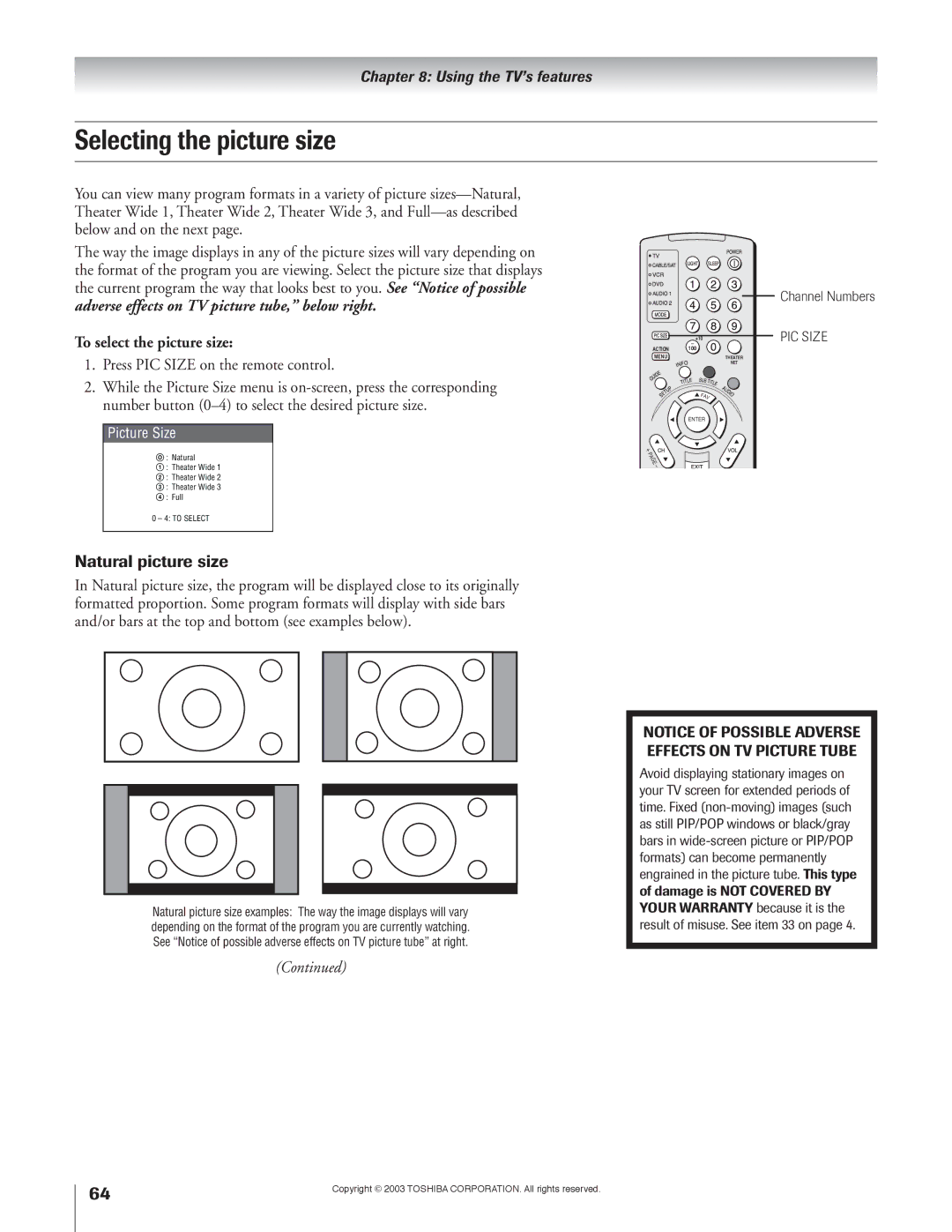 Toshiba 51H93 owner manual Selecting the picture size, Natural picture size, To select the picture size 