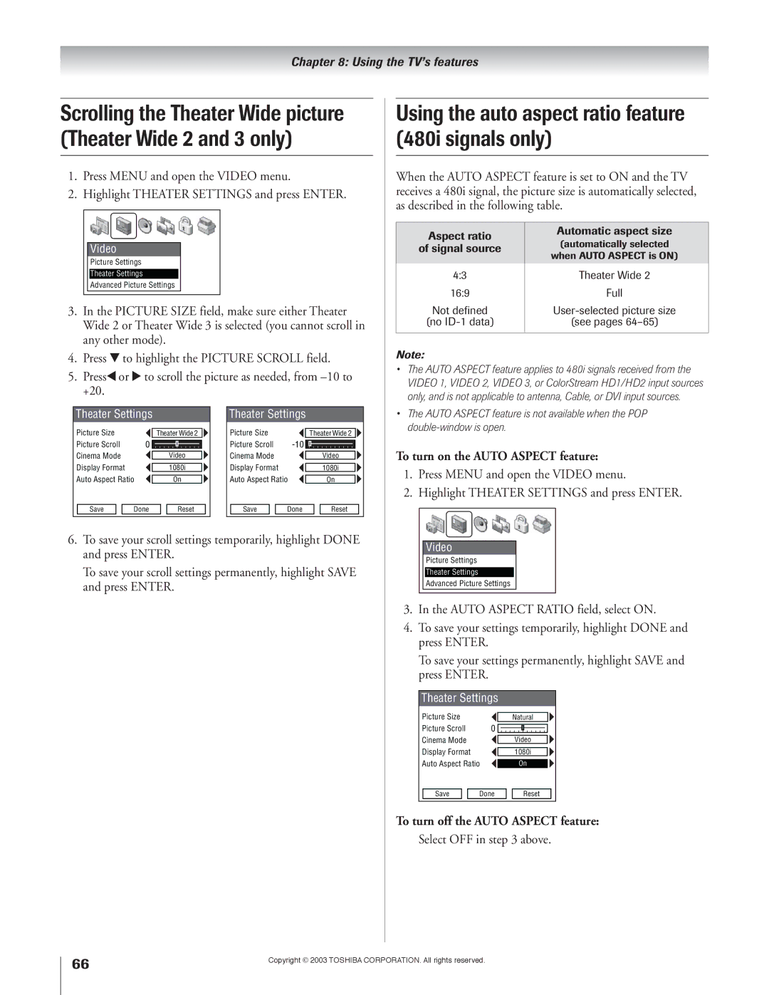 Toshiba 51H93 owner manual Using the auto aspect ratio feature 480i signals only, To turn on the Auto Aspect feature 