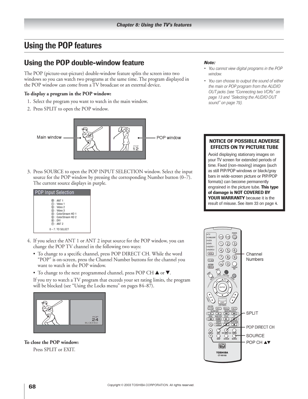 Toshiba 51H93 Using the POP features, Using the POP double-window feature, To display a program in the POP window 