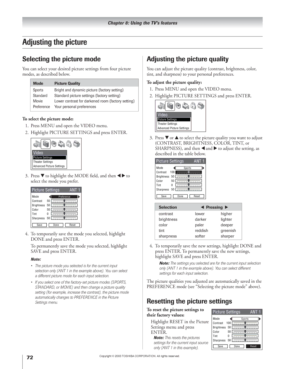 Toshiba 51H93 owner manual Selecting the picture mode, Adjusting the picture quality, Resetting the picture settings 