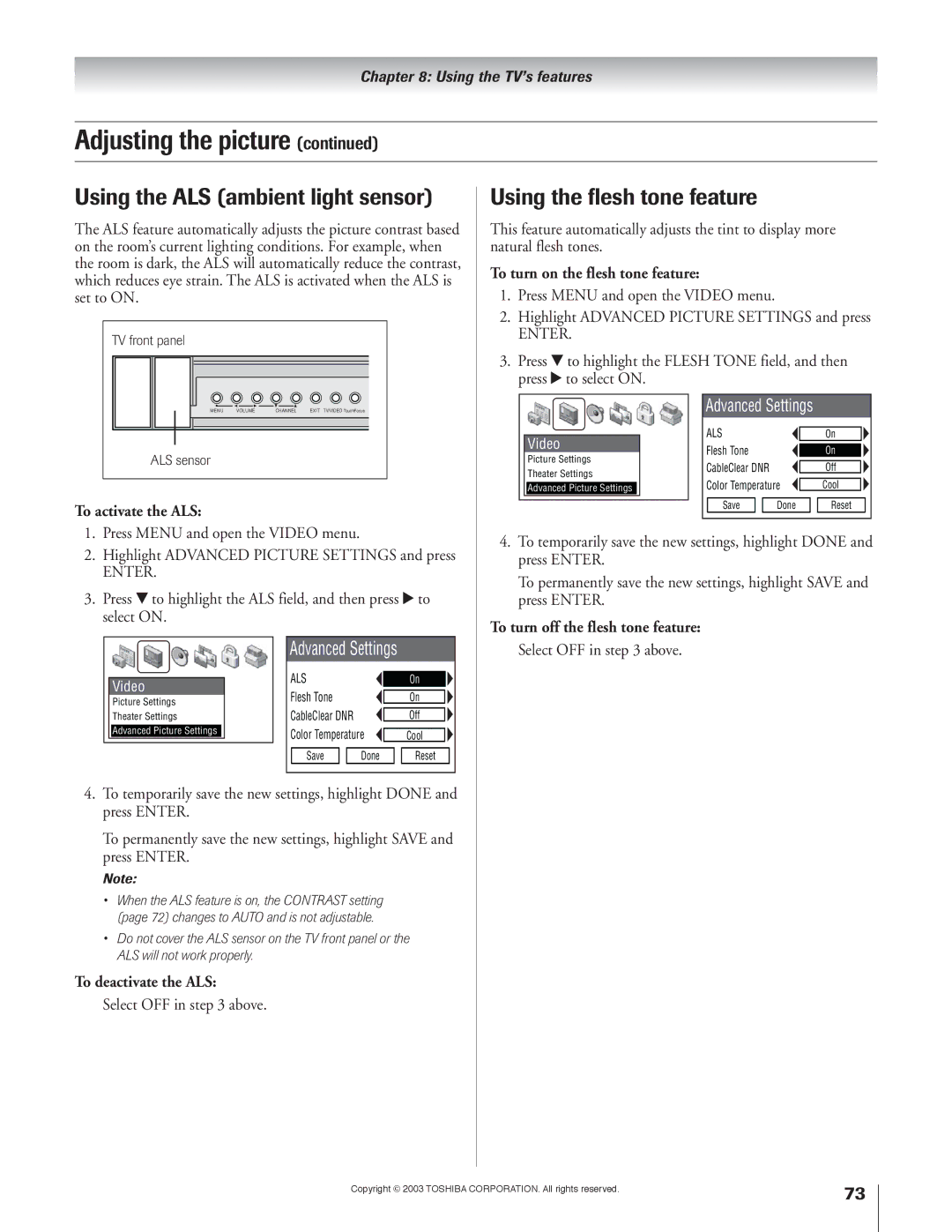 Toshiba 51H93 owner manual To turn on the flesh tone feature, To activate the ALS, To deactivate the ALS 