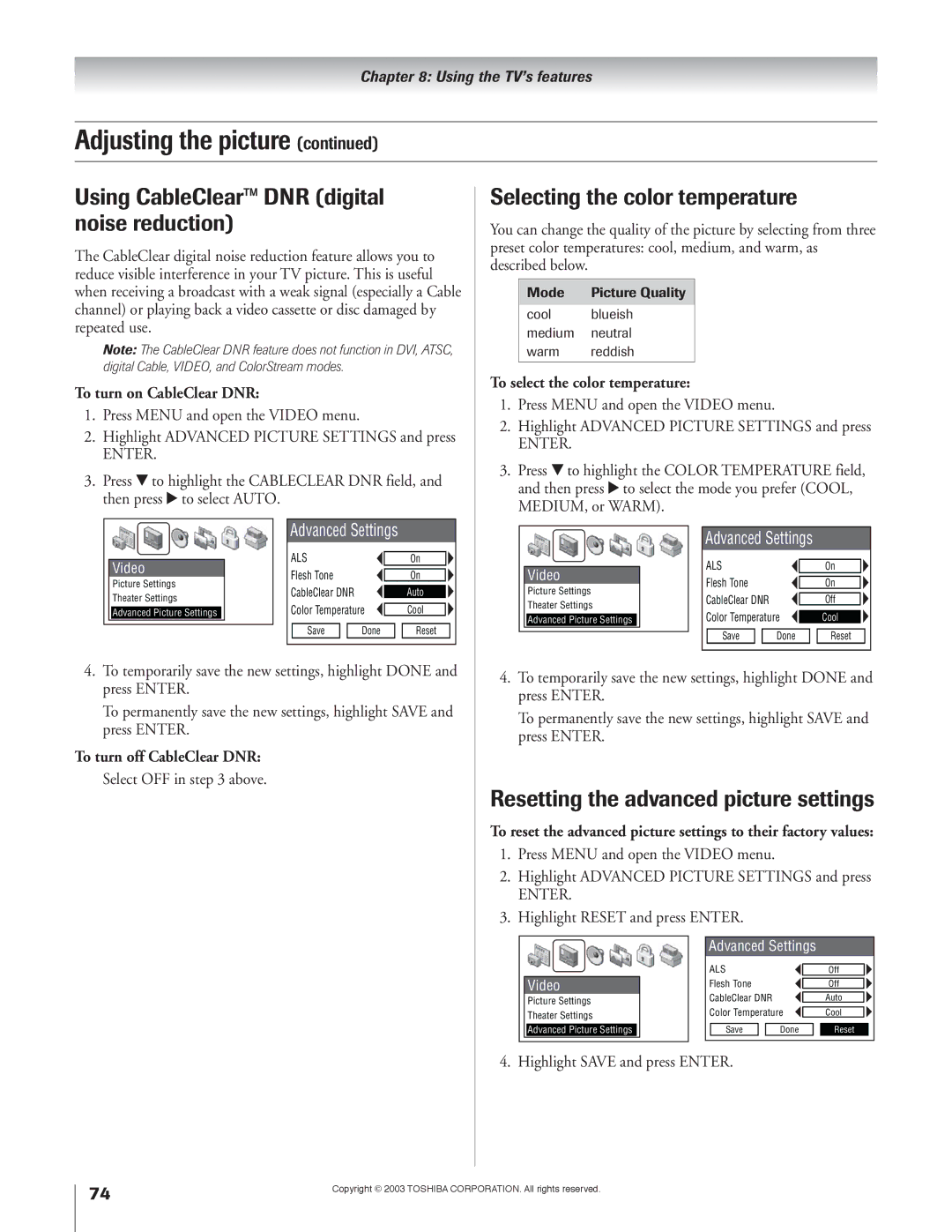 Toshiba 51H93 owner manual Using CableClear DNR digital noise reduction, Selecting the color temperature 