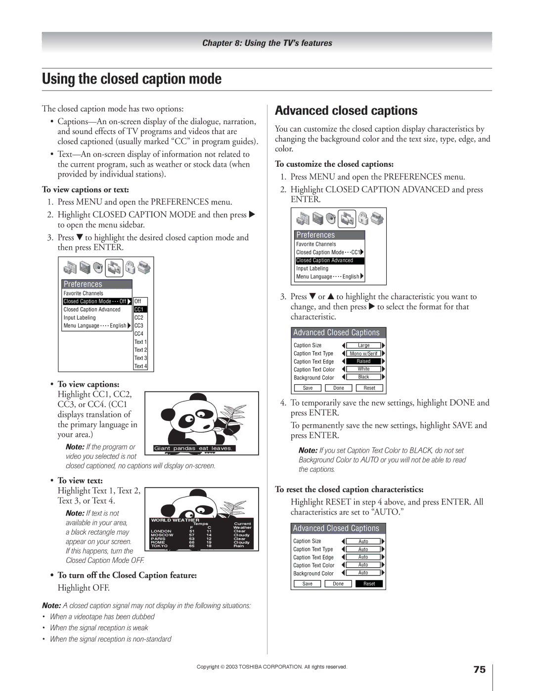 Toshiba 51H93 owner manual Using the closed caption mode, Advanced closed captions 