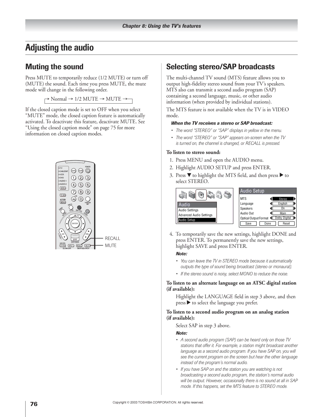 Toshiba 51H93 Adjusting the audio, Muting the sound, Selecting stereo/SAP broadcasts, To listen to stereo sound 