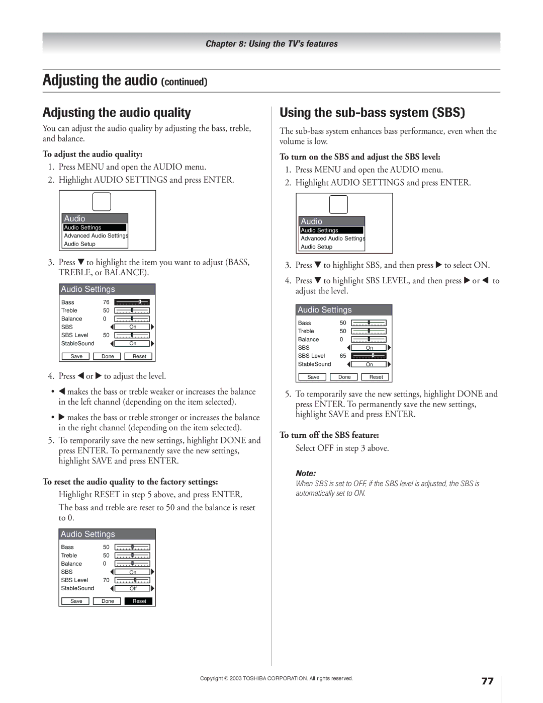 Toshiba 51H93 owner manual Adjusting the audio quality, Using the sub-bass system SBS 