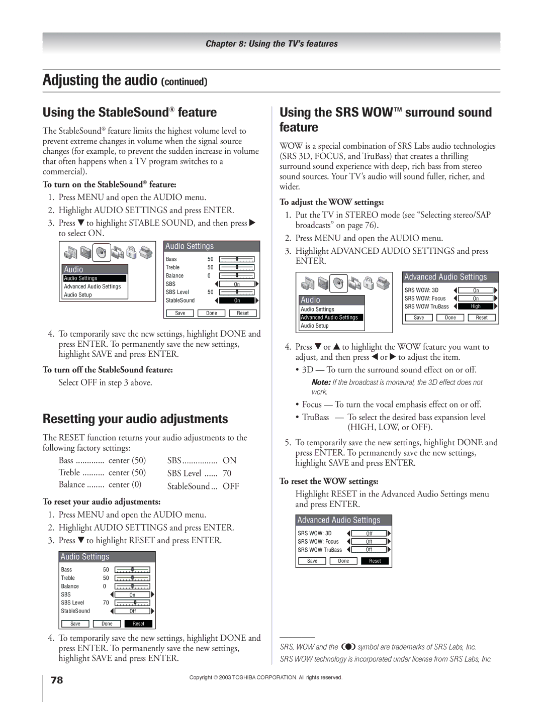 Toshiba 51H93 Using the StableSound feature, Using the SRS WOW surround sound feature, Resetting your audio adjustments 