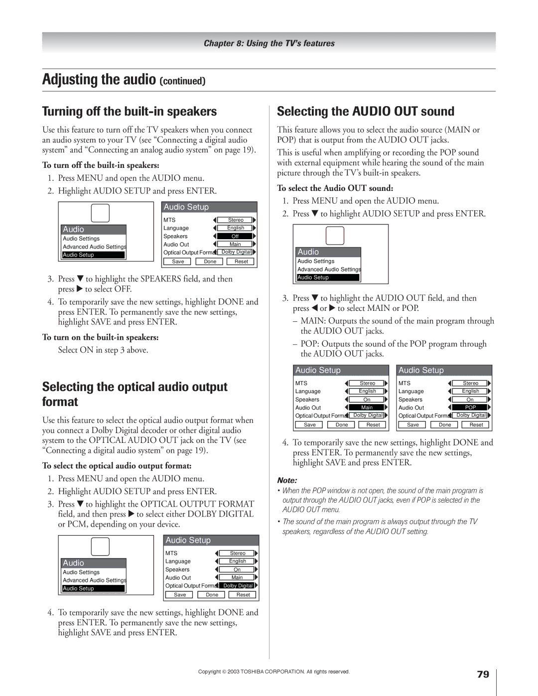 Toshiba 51H93 Turning off the built-in speakers, Selecting the Audio OUT sound, Selecting the optical audio output format 