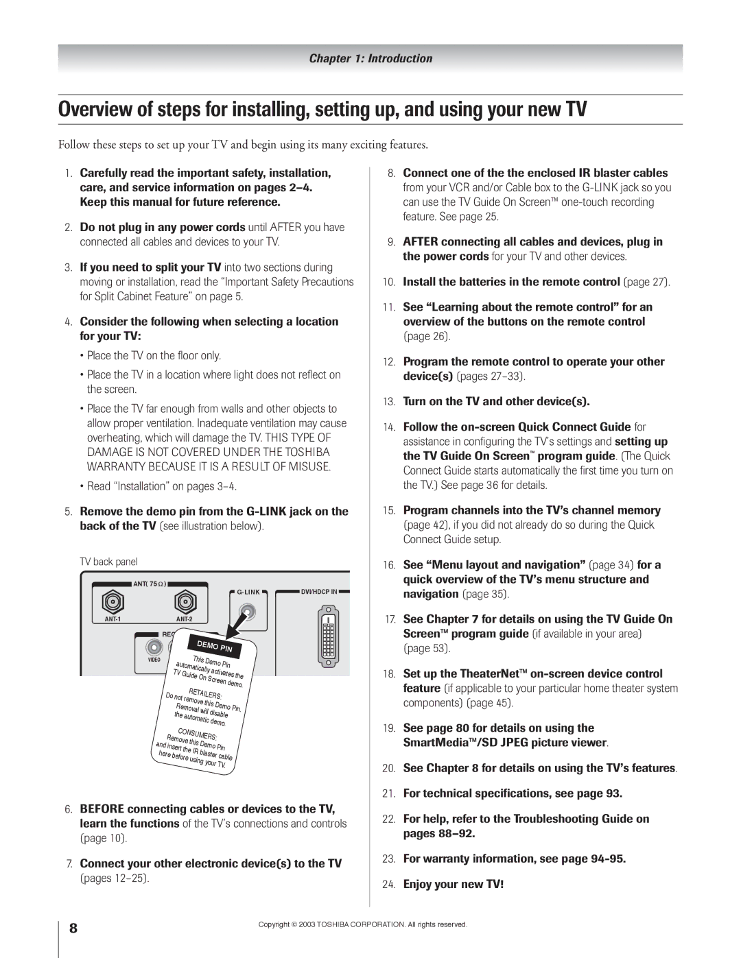 Toshiba 51H93 owner manual TV back panel, Demo 