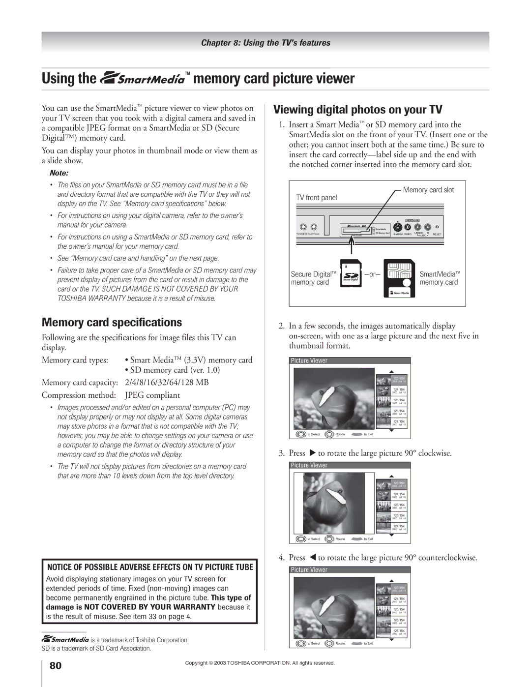 Toshiba 51H93 owner manual Using Memory card picture viewer, Viewing digital photos on your TV, Memory card specifications 