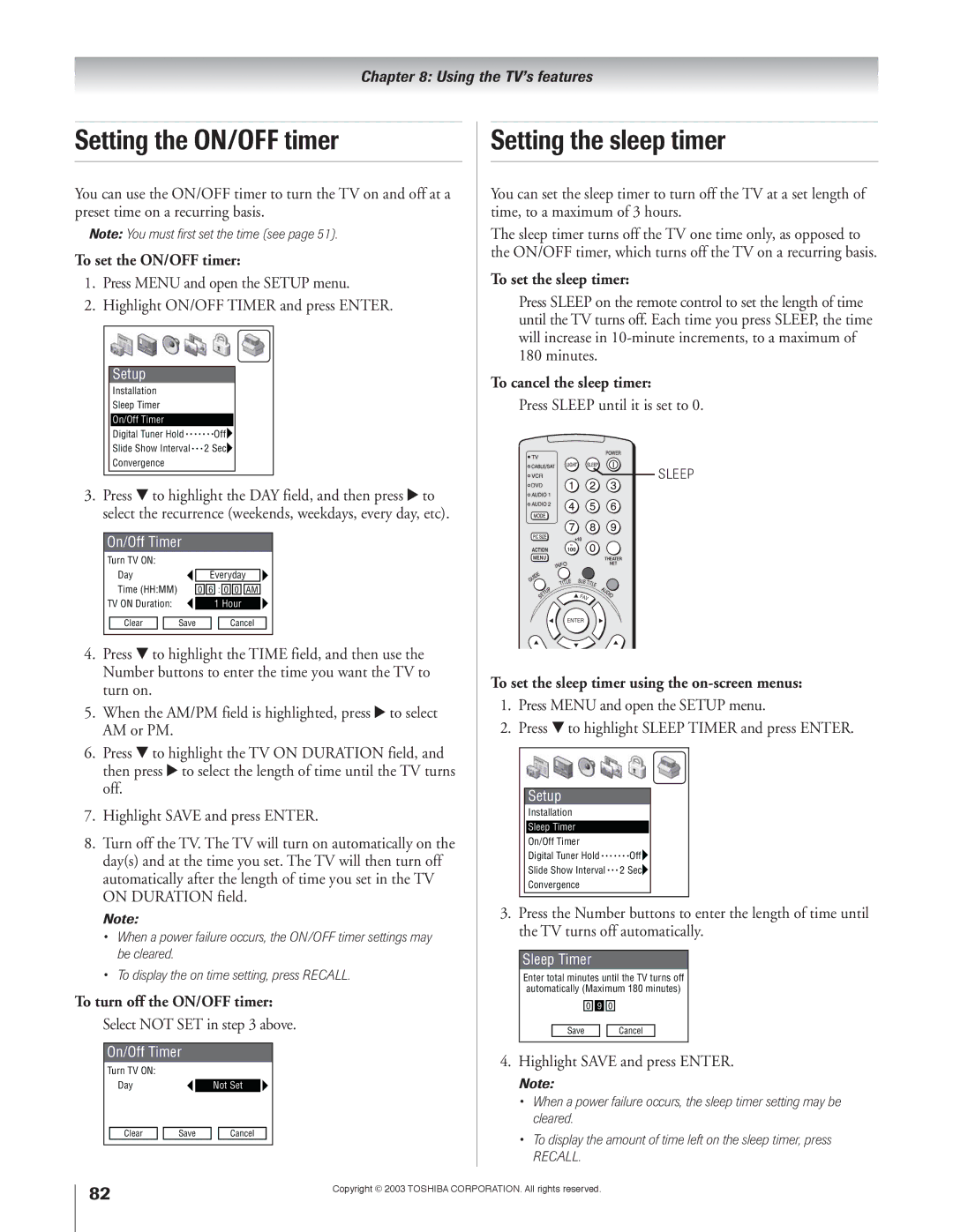 Toshiba 51H93 owner manual Setting the ON/OFF timer, Setting the sleep timer 