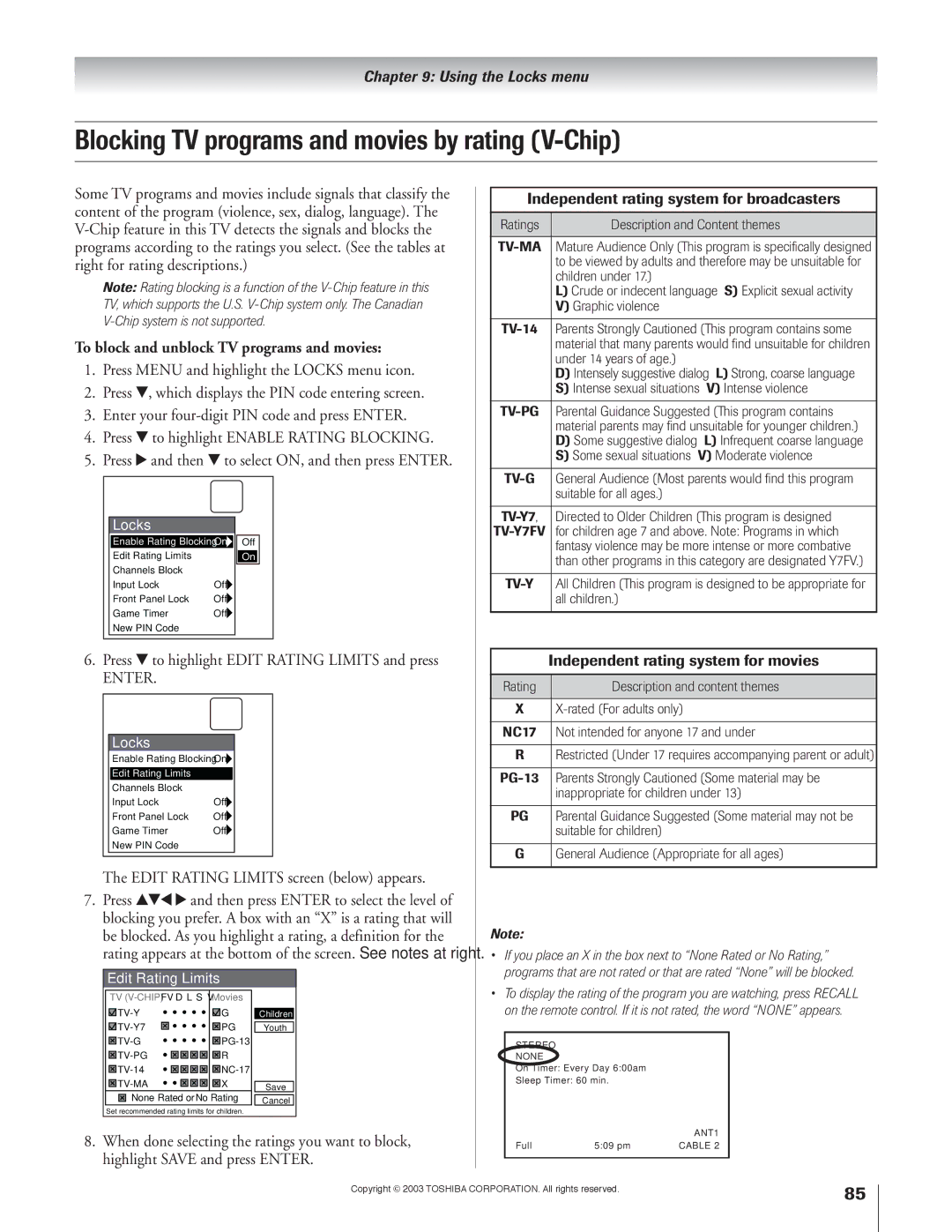 Toshiba 51H93 owner manual Blocking TV programs and movies by rating V-Chip, To block and unblock TV programs and movies 