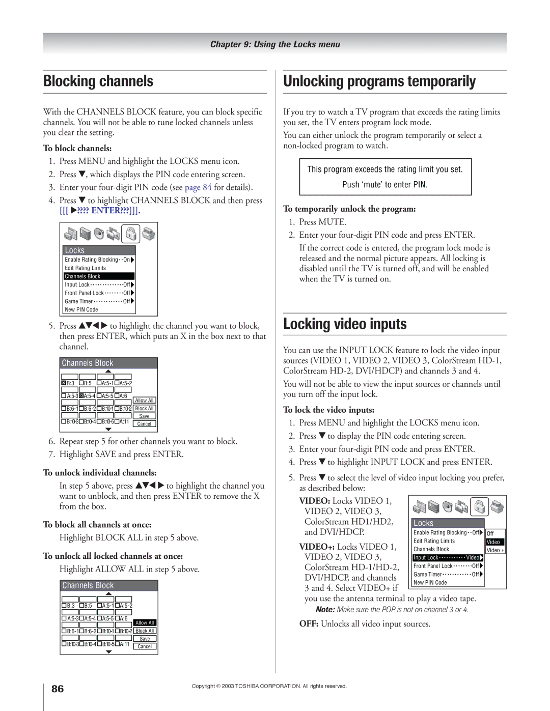 Toshiba 51H93 owner manual Blocking channels, Unlocking programs temporarily, Locking video inputs 