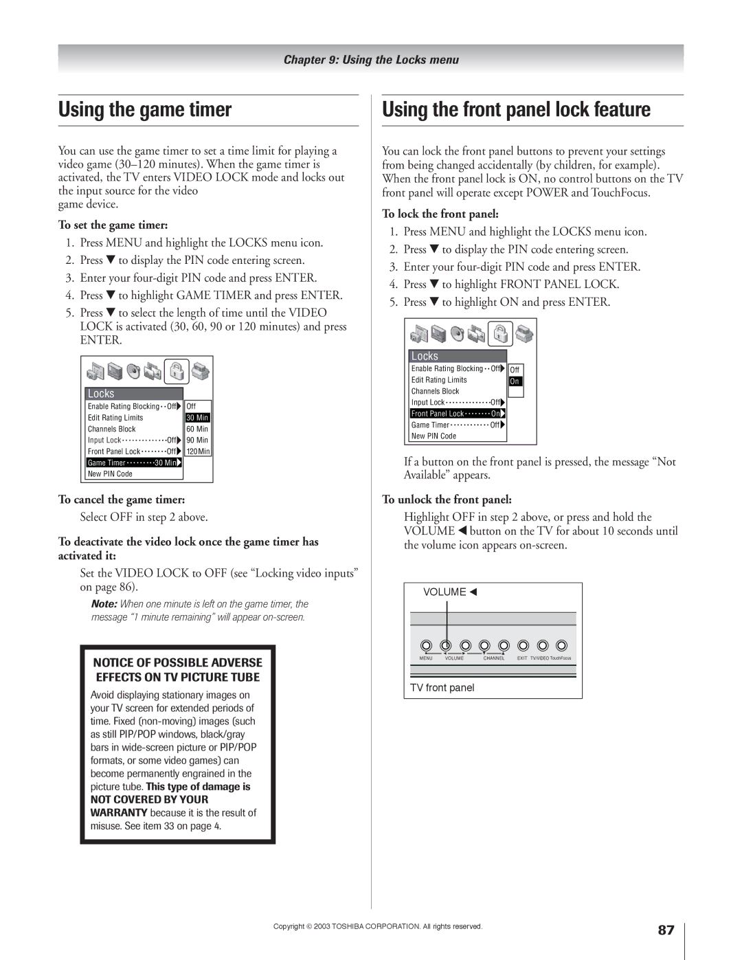 Toshiba 51H93 owner manual Using the game timer, Using the front panel lock feature 