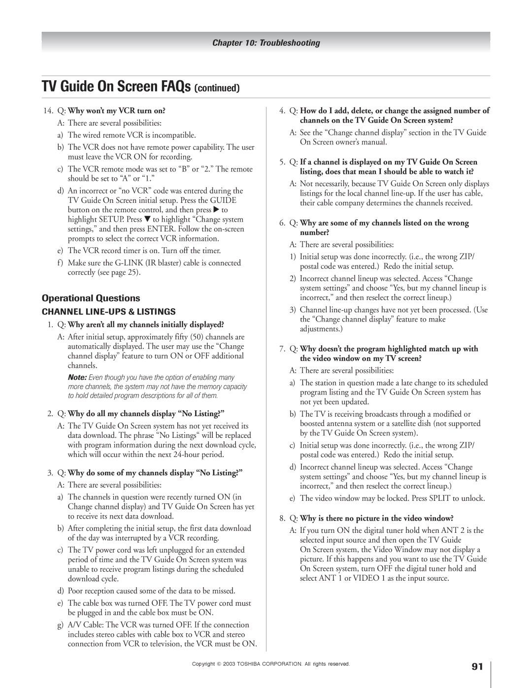 Toshiba 51H93 owner manual Operational Questions, Why won’t my VCR turn on? 