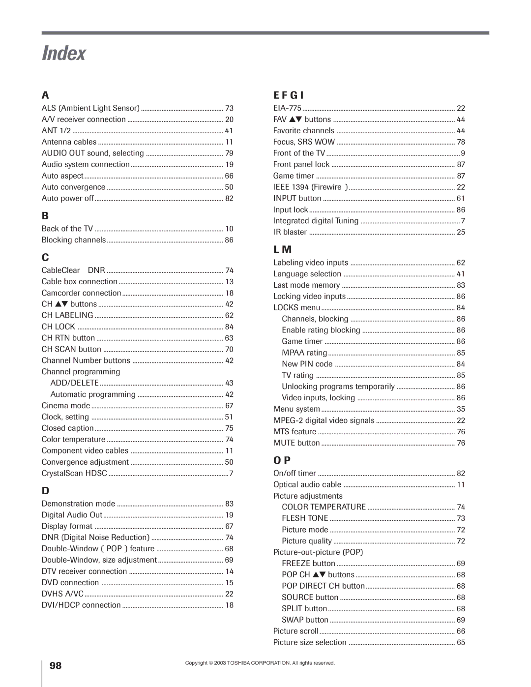 Toshiba 51H93 owner manual Index, Channel programming, Picture adjustments, Picture-out-picture POP 