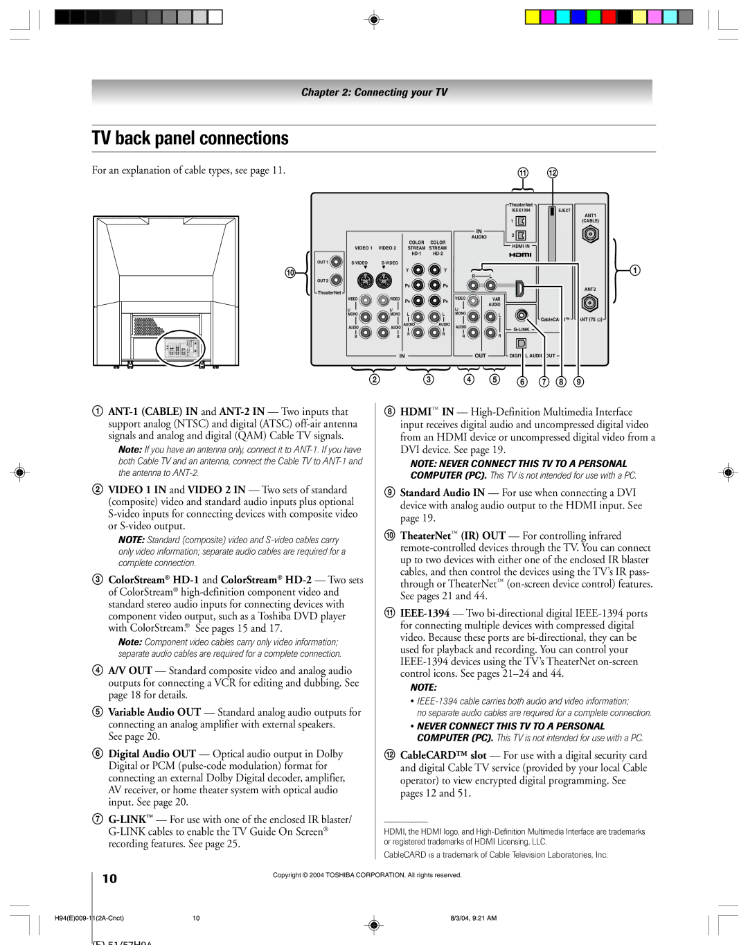 Toshiba 51H94 owner manual TV back panel connections, For an explanation of cable types, see 