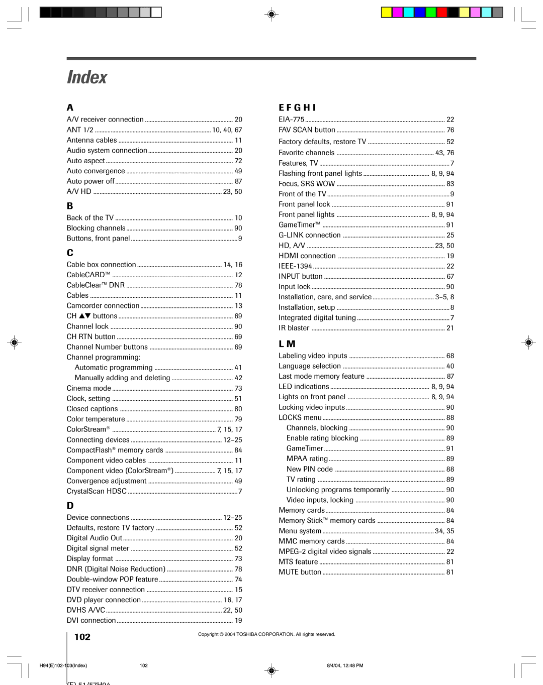 Toshiba 51H94 owner manual Index, Channel programming, 12Ð25, 3Ð5 