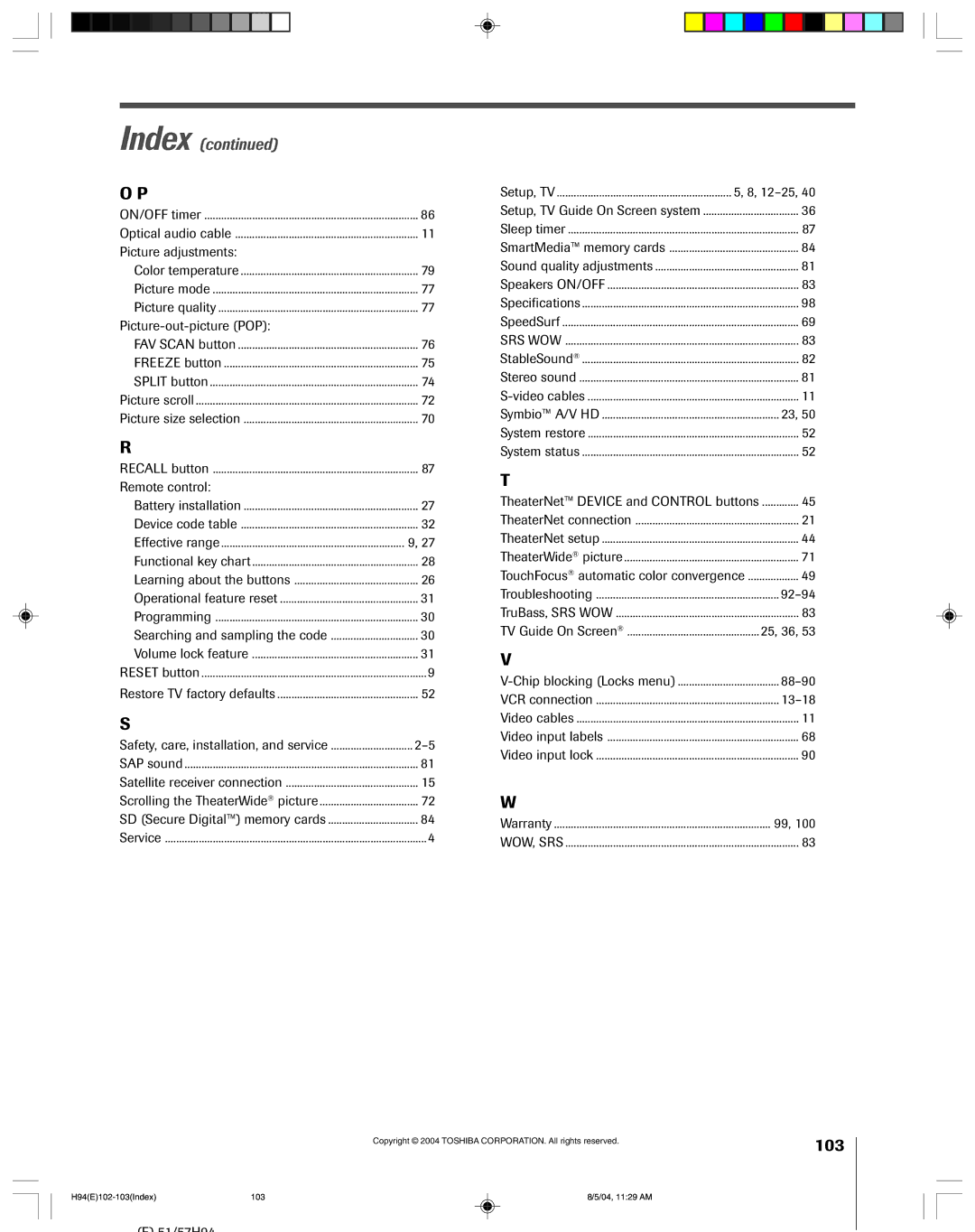 Toshiba 51H94 owner manual Picture adjustments, Picture-out-picture POP, Remote control, 2Ð5, 92Ð94, 88Ð90, 13Ð18 