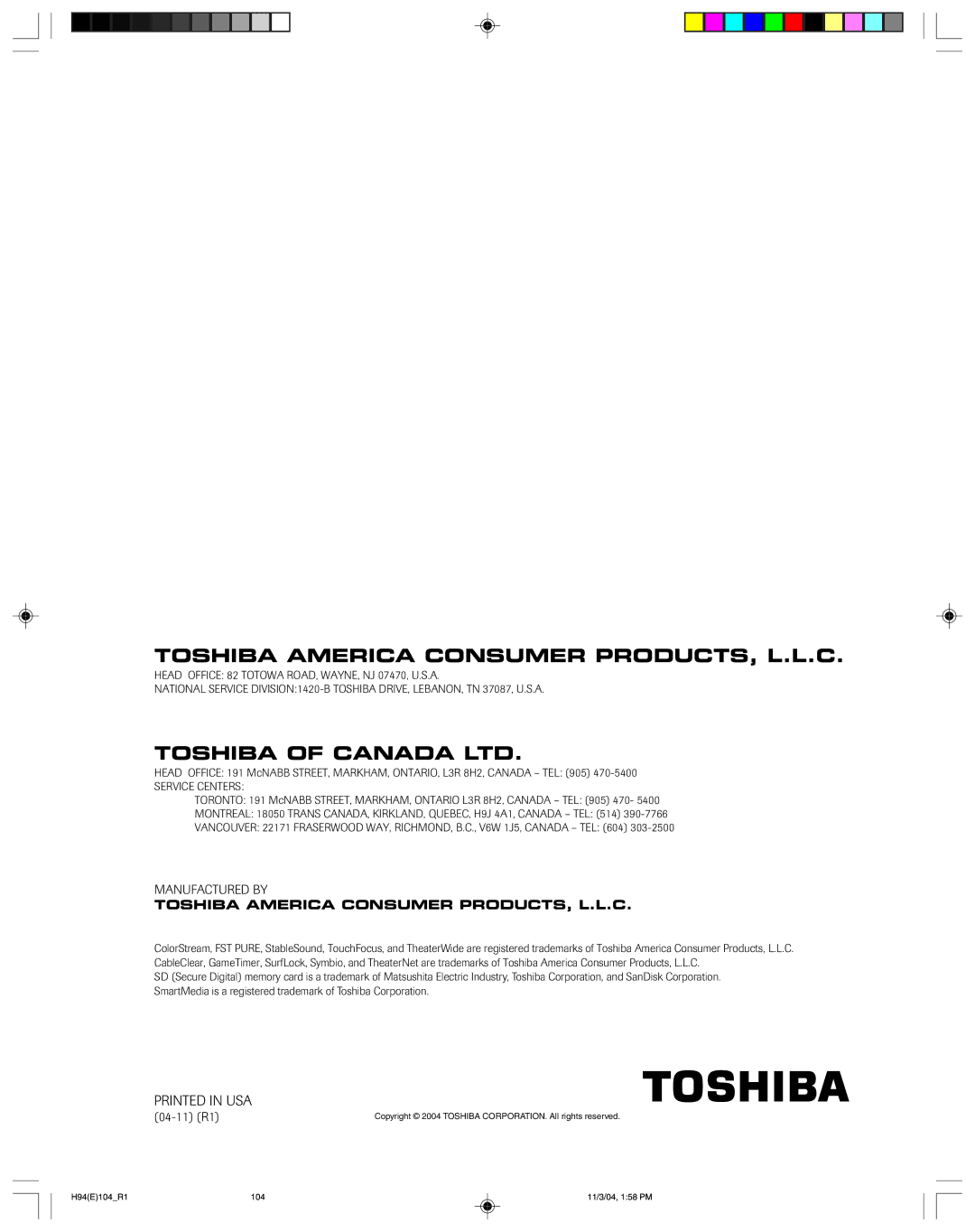 Toshiba 51H94 owner manual Toshiba America Consumer PRODUCTS, L.L.C, 04-11 R1 