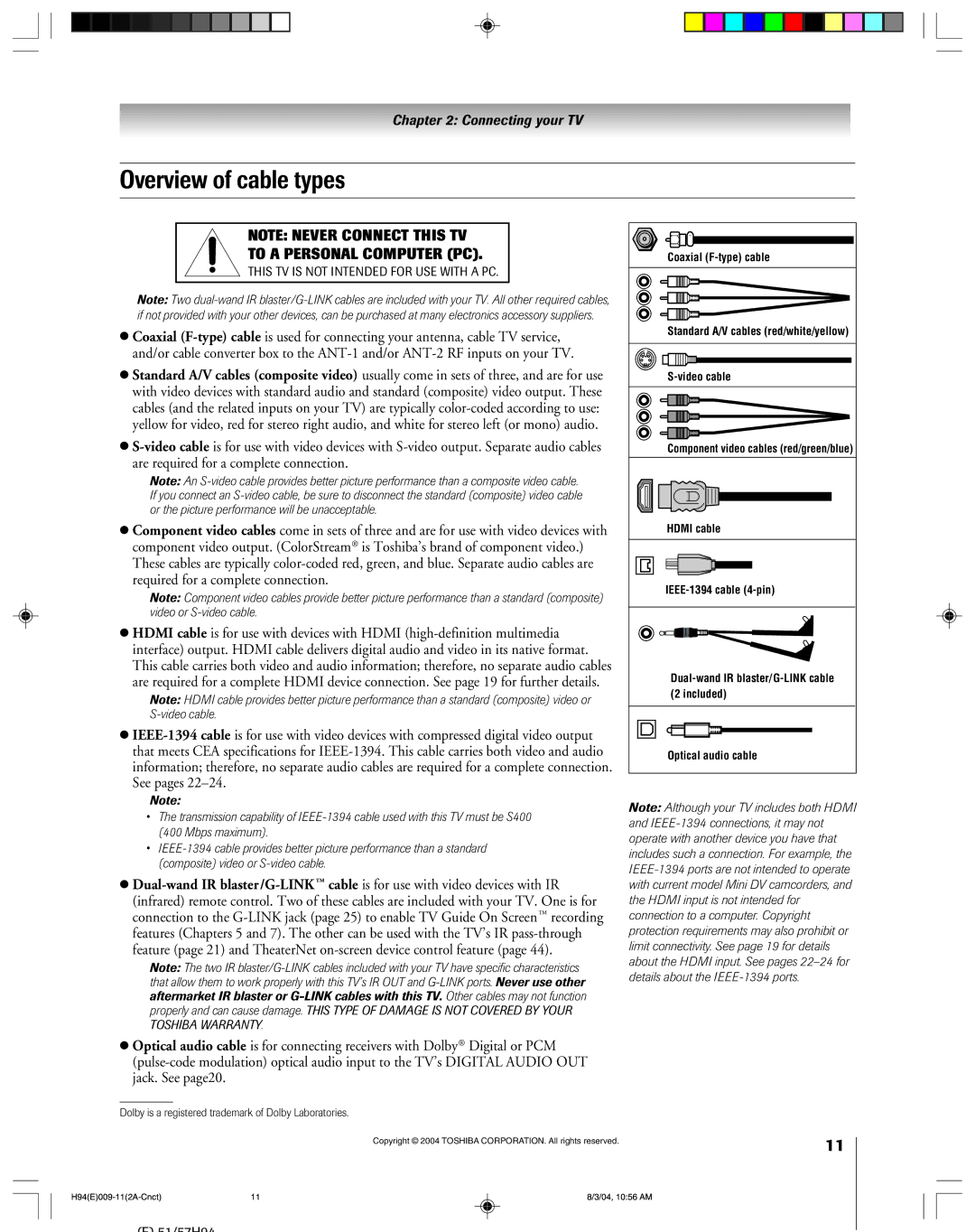 Toshiba 51H94 owner manual Overview of cable types, To a Personal Computer PC 