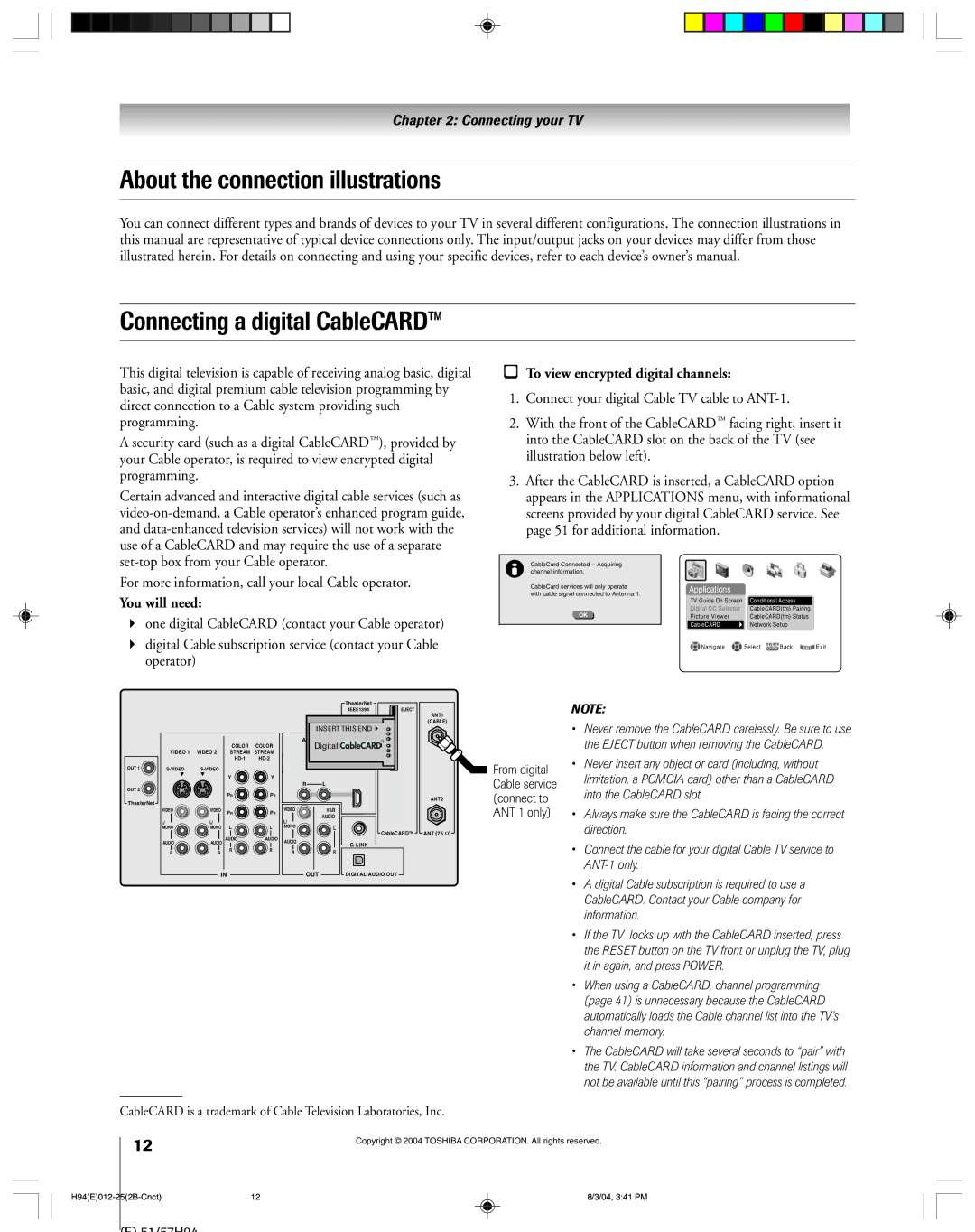 Toshiba 51H94 owner manual About the connection illustrations, Connecting a digital CableCARD, You will need 