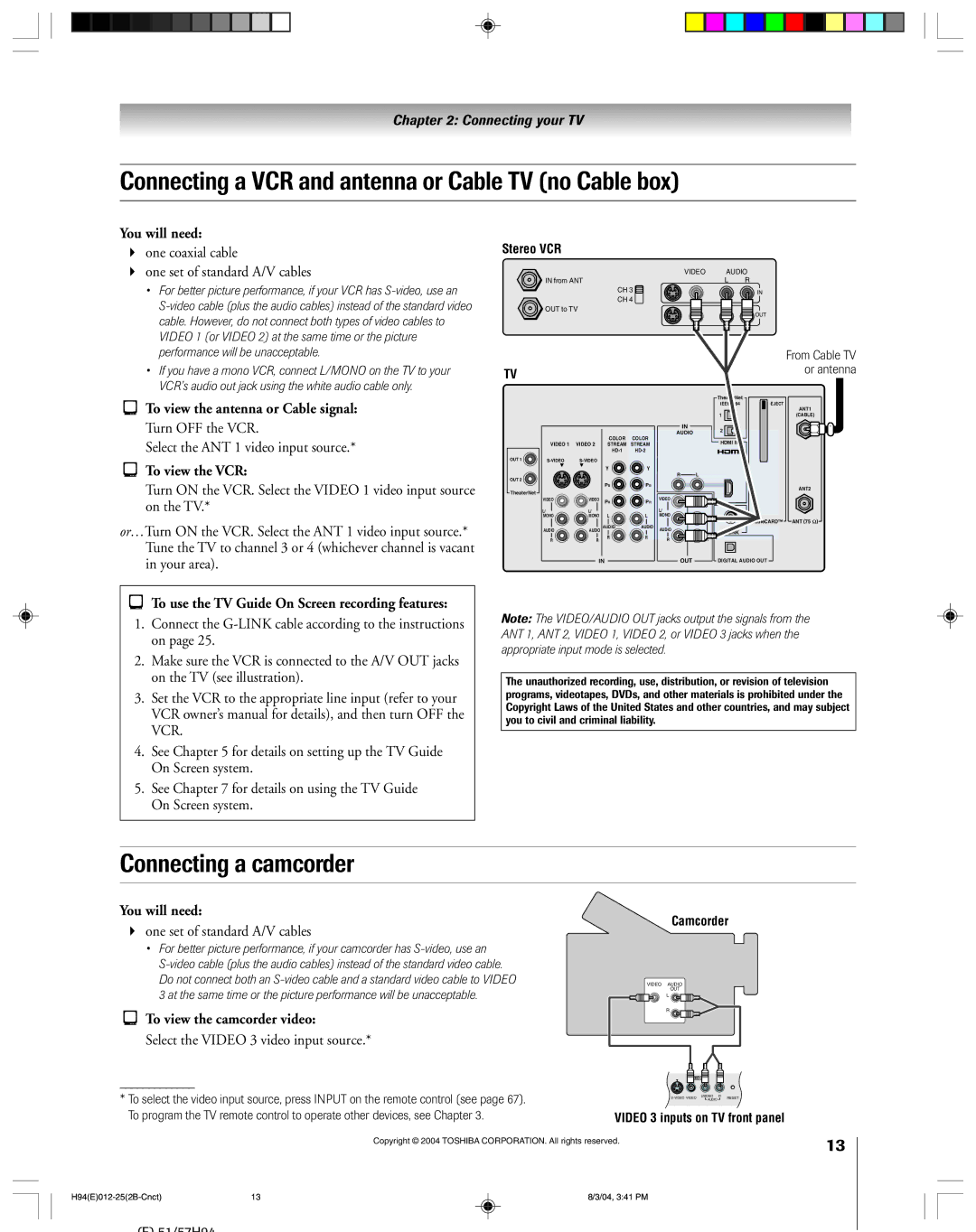 Toshiba 51H94 owner manual Connecting a VCR and antenna or Cable TV no Cable box, Connecting a camcorder, To view the VCR 