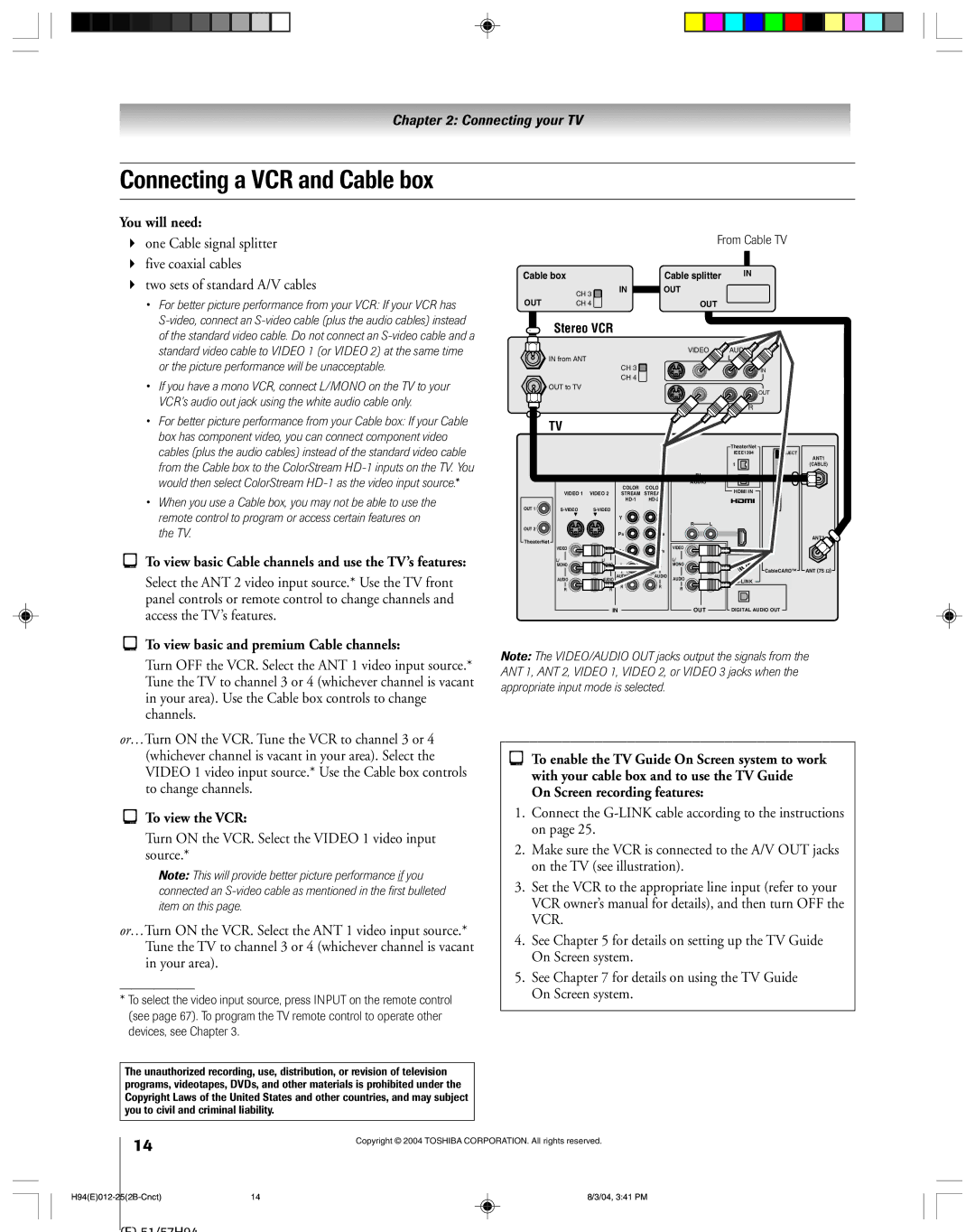 Toshiba 51H94 Connecting a VCR and Cable box, To view basic and premium Cable channels, On Screen recording features 