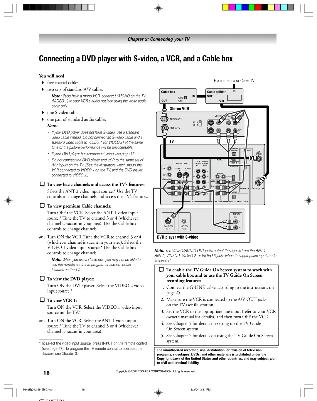 Toshiba 51H94 owner manual To view premium Cable channels, To view the DVD player, To view VCR 