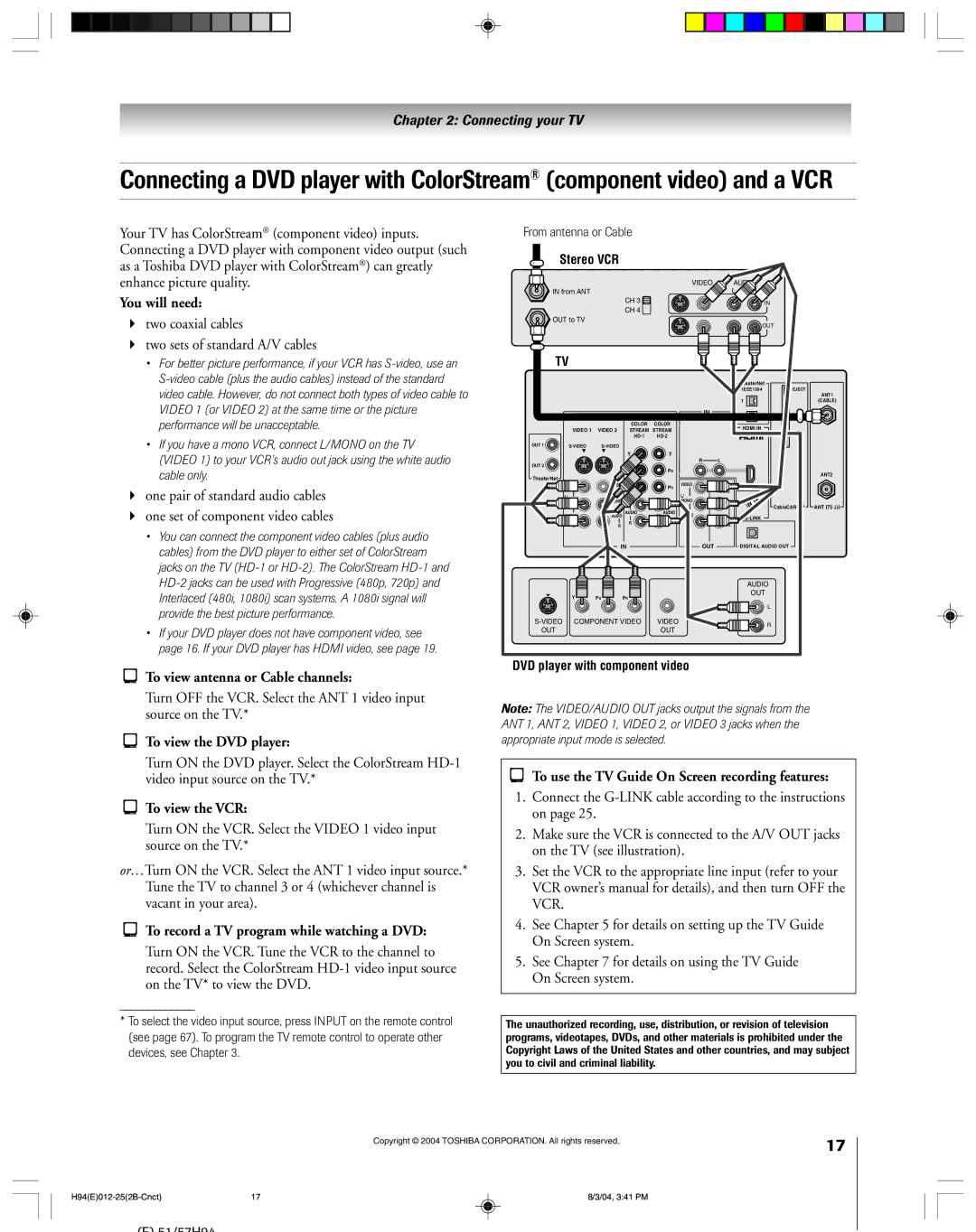 Toshiba 51H94 owner manual Two coaxial cables Two sets of standard A/V cables, To view antenna or Cable channels 