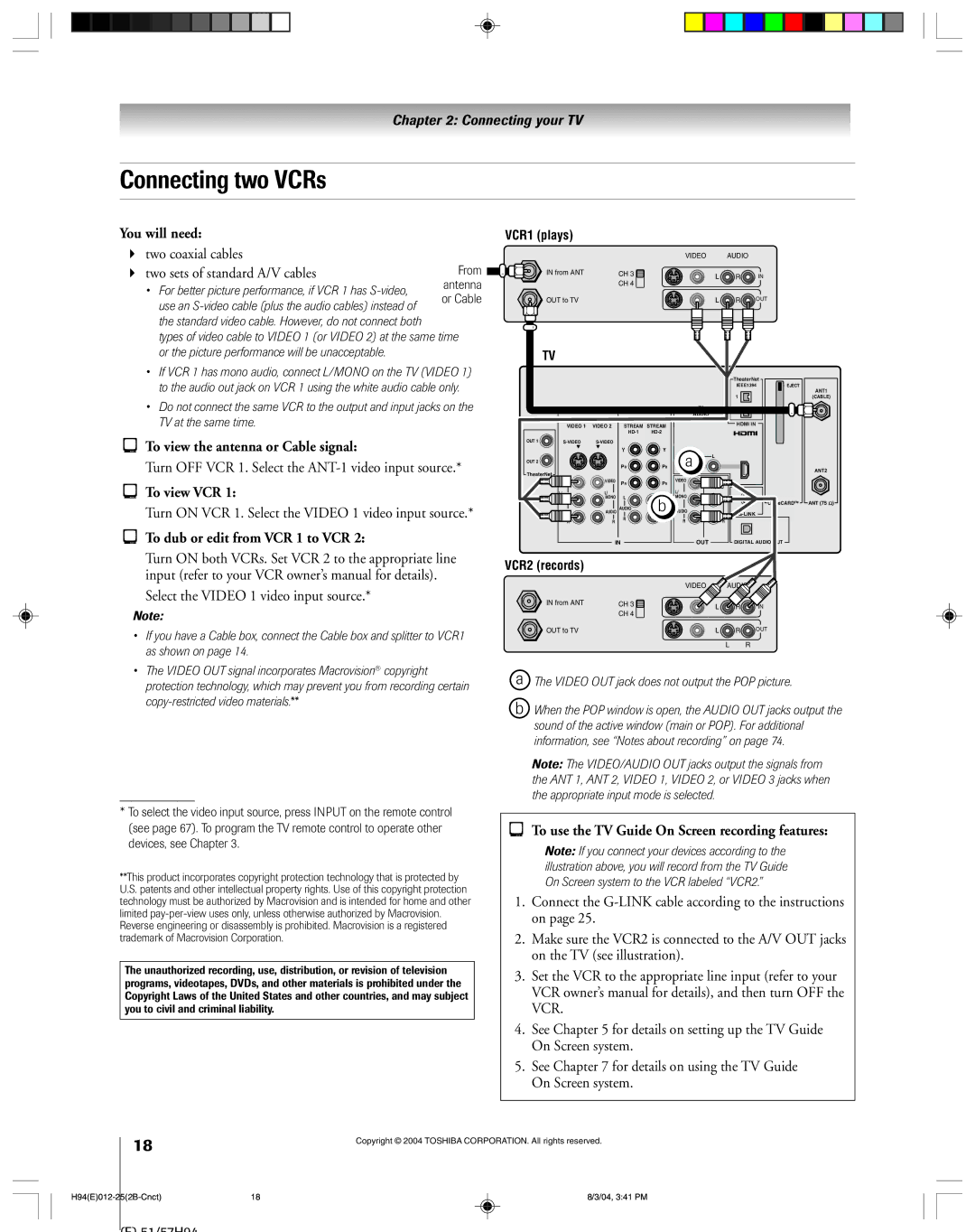 Toshiba 51H94 owner manual Connecting two VCRs, To view the antenna or Cable signal, To dub or edit from VCR 1 to VCR 