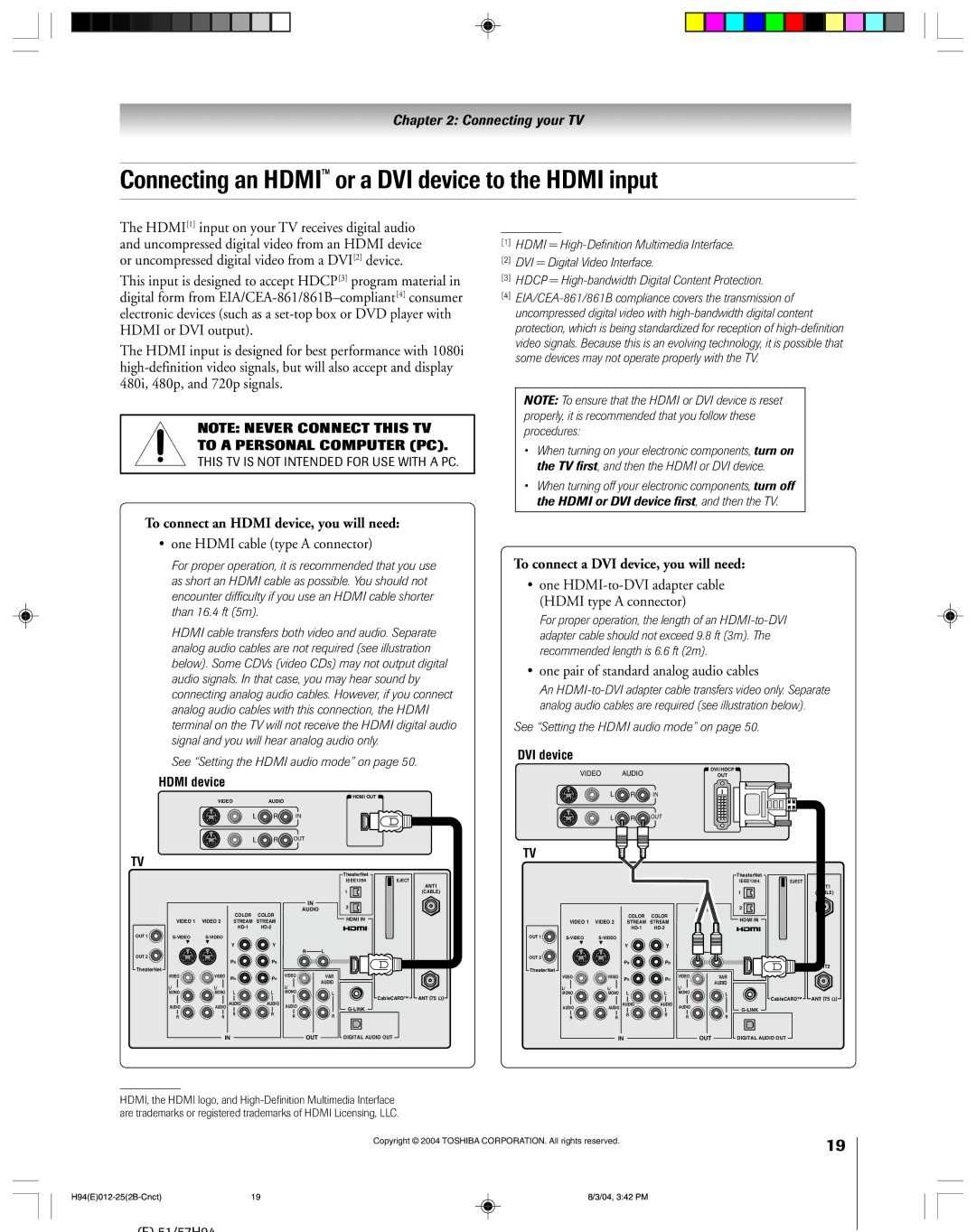 Toshiba 51H94 owner manual Connecting an Hdmi or a DVI device to the Hdmi input, To connect an Hdmi device, you will need 