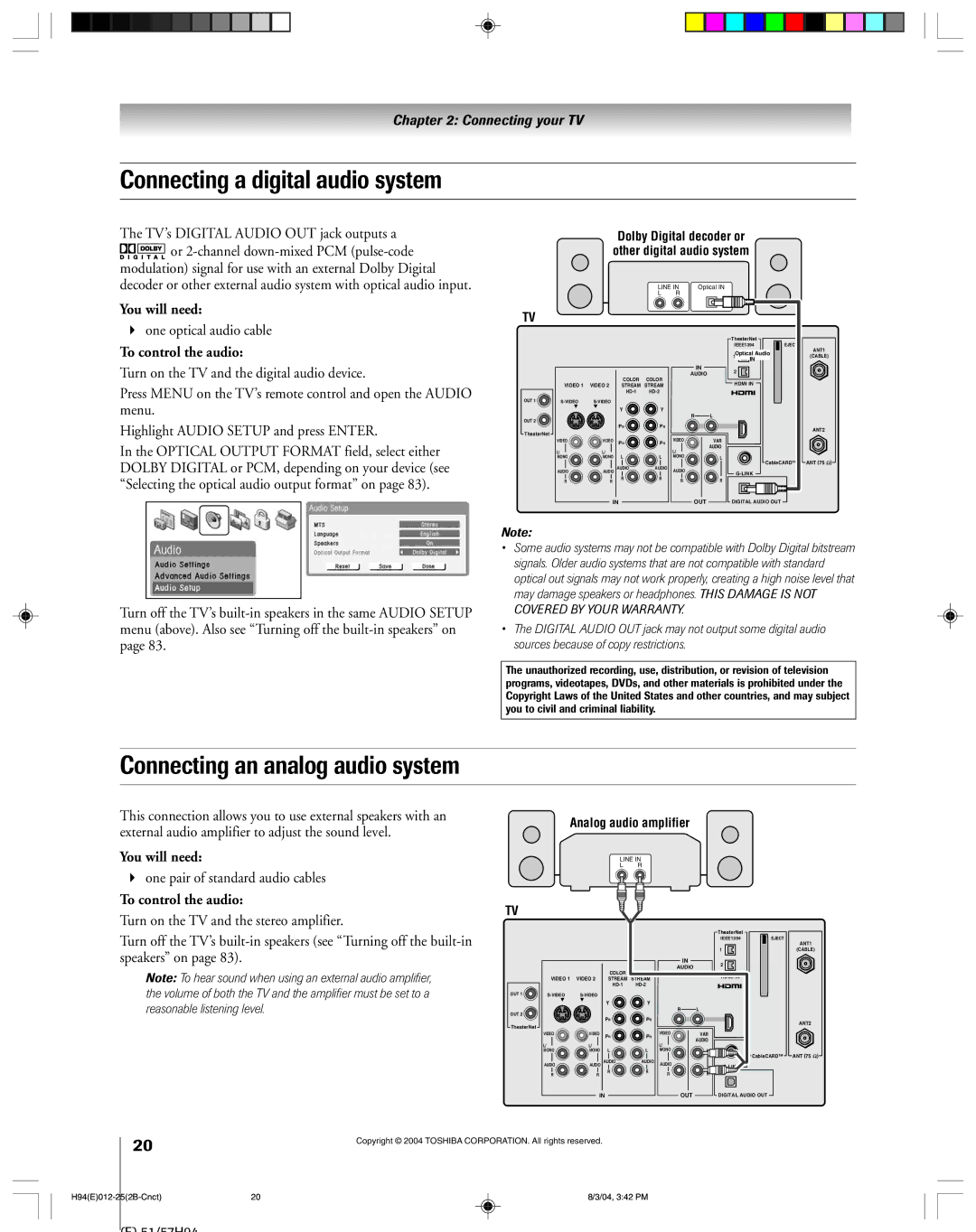 Toshiba 51H94 owner manual Connecting a digital audio system, Connecting an analog audio system, One optical audio cable 