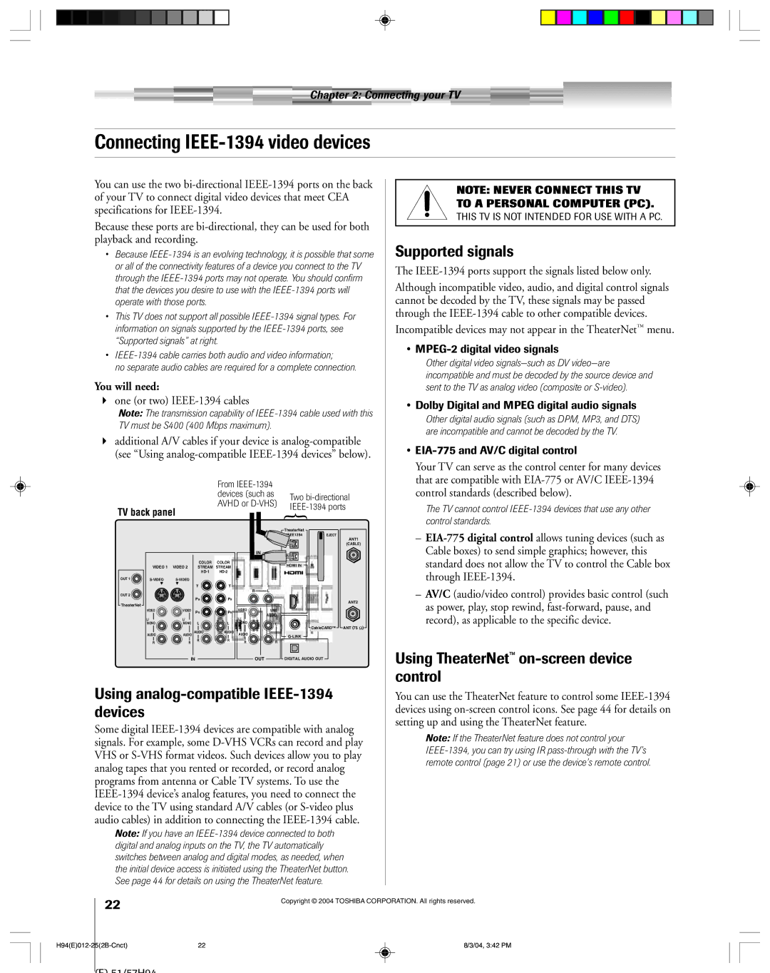 Toshiba 51H94 owner manual Connecting IEEE-1394 video devices, Supported signals 