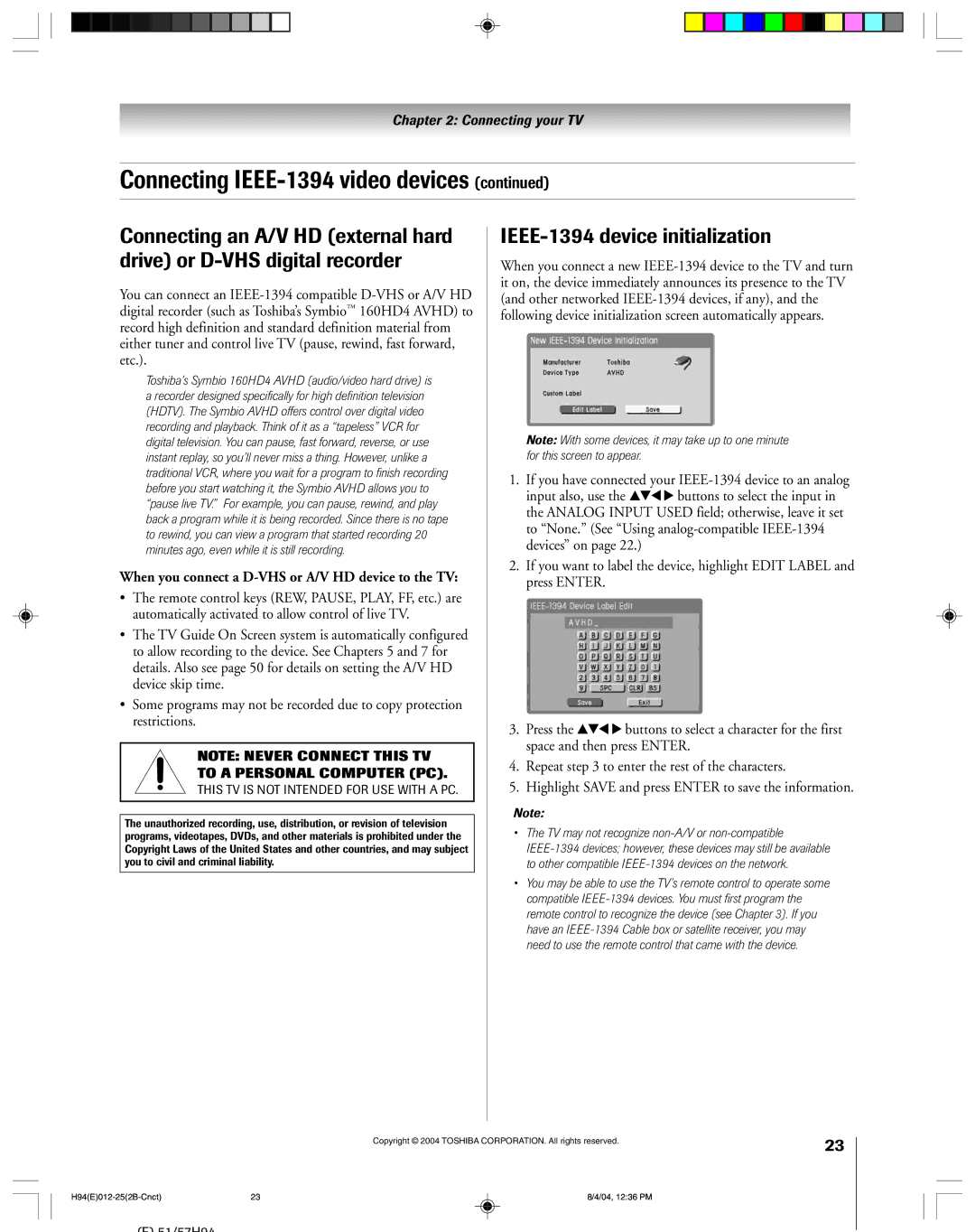 Toshiba 51H94 owner manual IEEE-1394 device initialization, When you connect a D-VHS or A/V HD device to the TV 