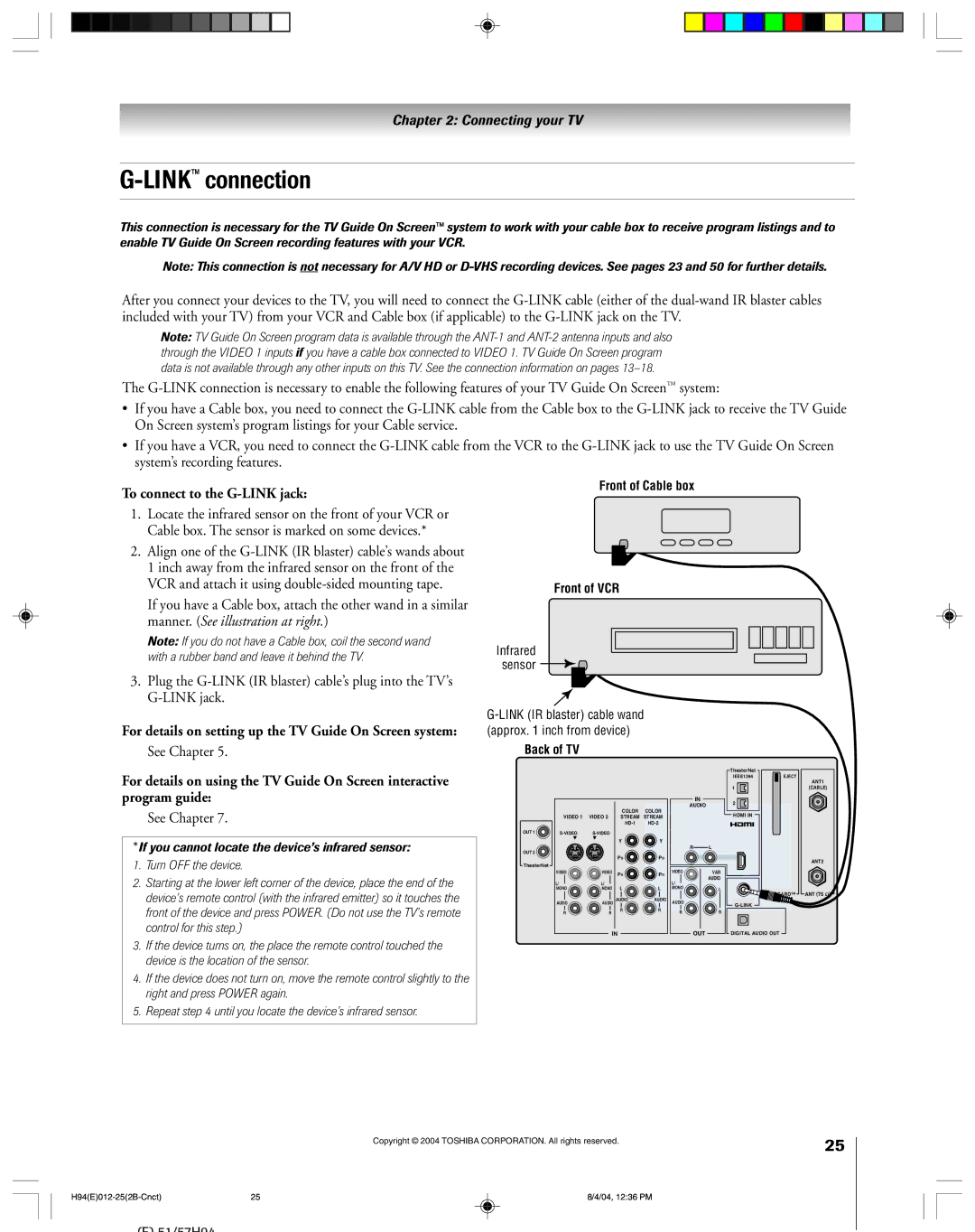 Toshiba 51H94 owner manual LINKconnection, To connect to the G-LINK jack, See Chapter 