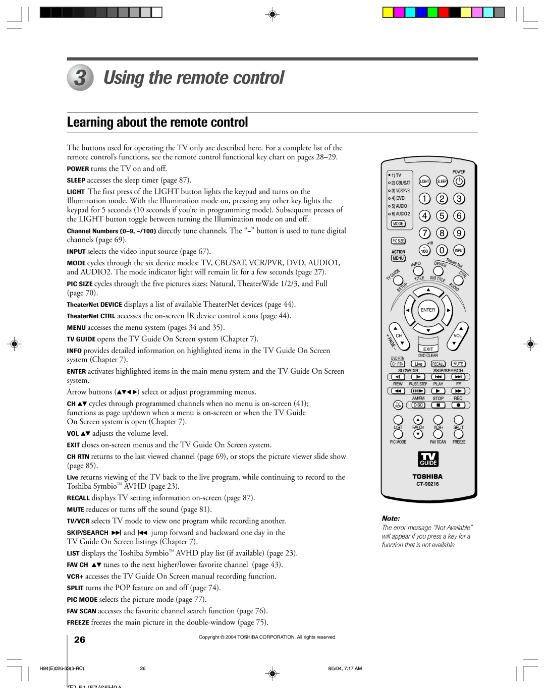 Toshiba 51H94 owner manual Using the remote control, Learning about the remote control, 51/57/65H94 