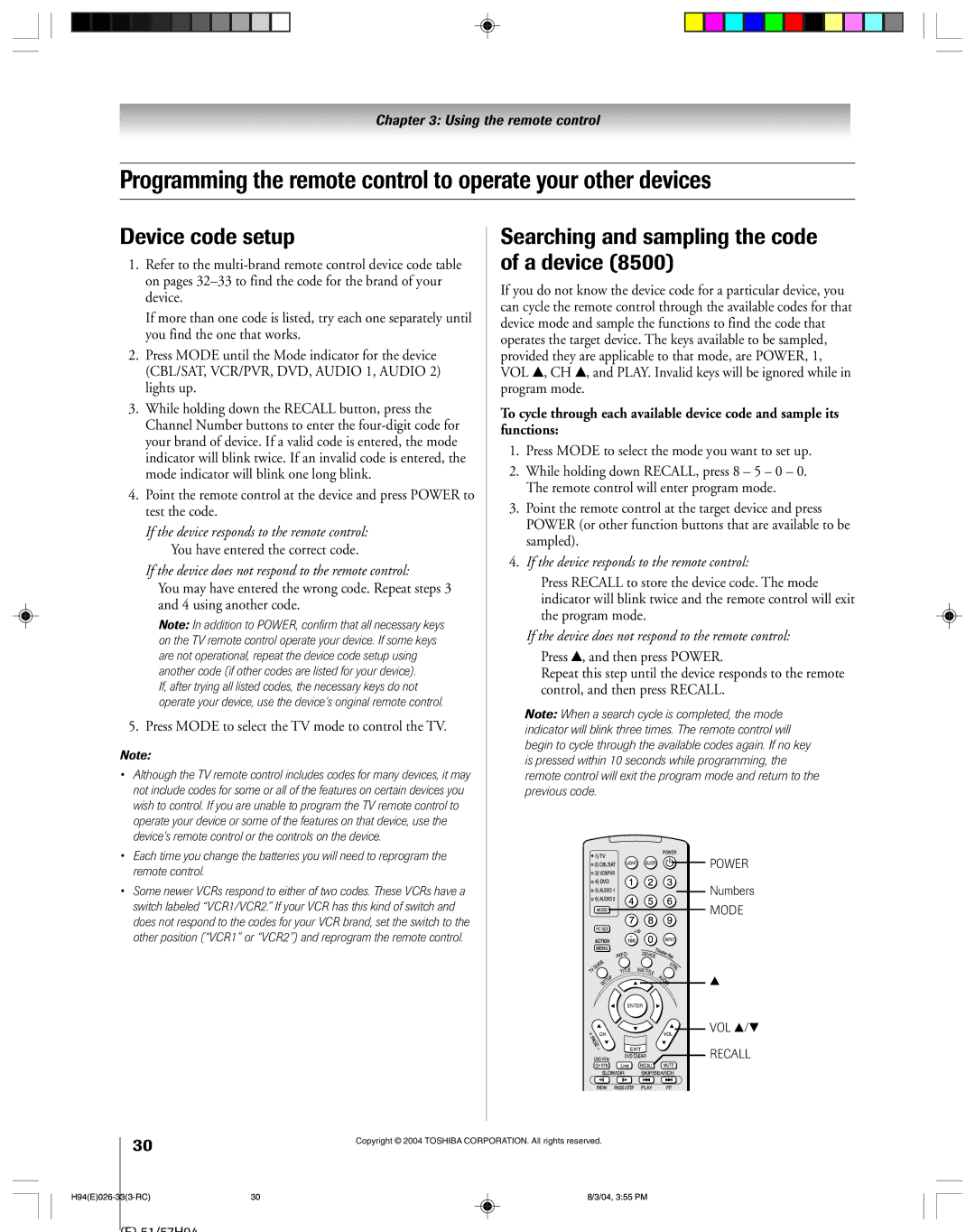 Toshiba 51H94 owner manual Device code setup, Searching and sampling the code of a device 