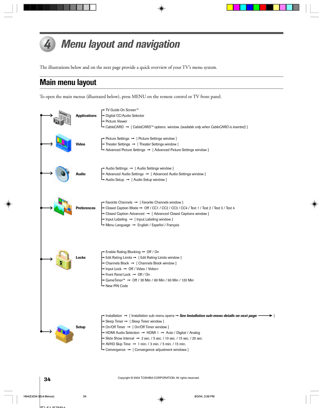 Toshiba 51H94 owner manual Menu layout and navigation, Main menu layout 