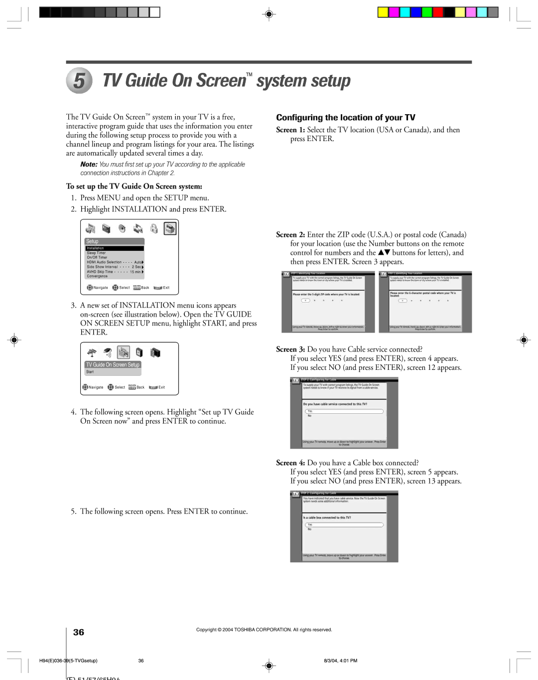 Toshiba 51H94 owner manual TV Guide On Screen system setup, To set up the TV Guide On Screen system 