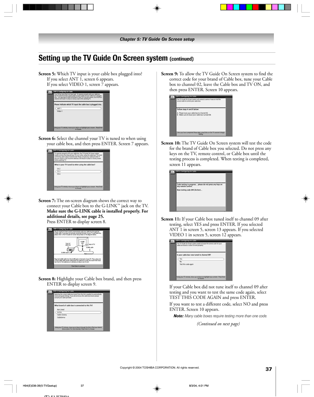 Toshiba 51H94 owner manual Setting up the TV Guide On Screen system, On next 