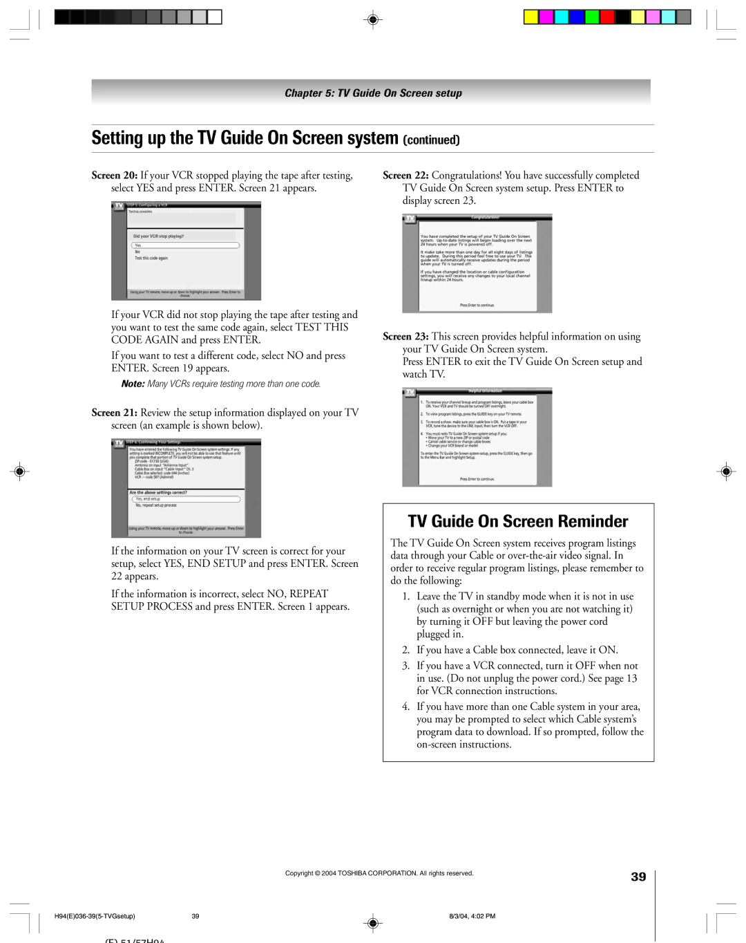 Toshiba 51H94 owner manual TV Guide On Screen Reminder 