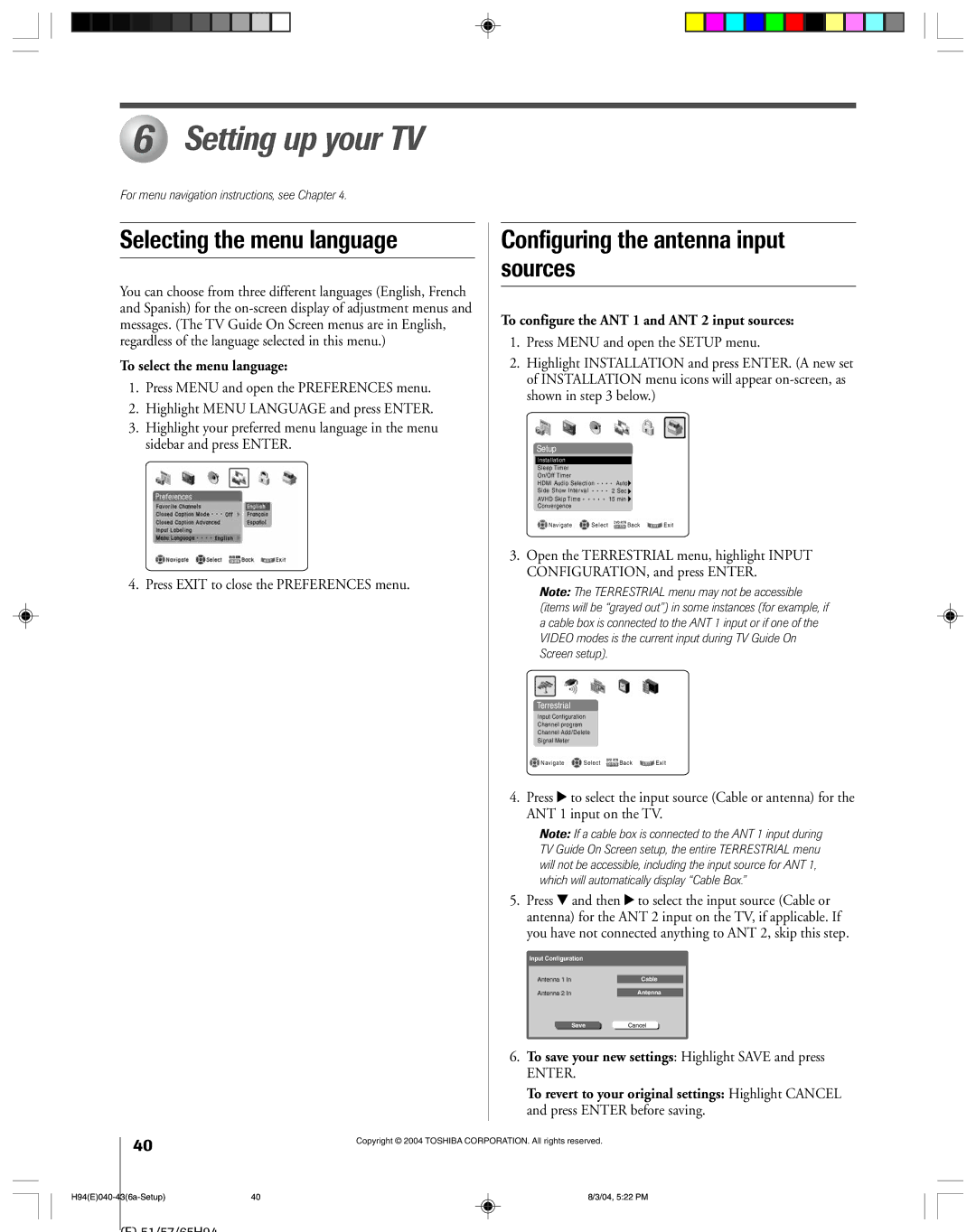 Toshiba 51H94 Setting up your TV, Selecting the menu language Configuring the antenna input, To select the menu language 