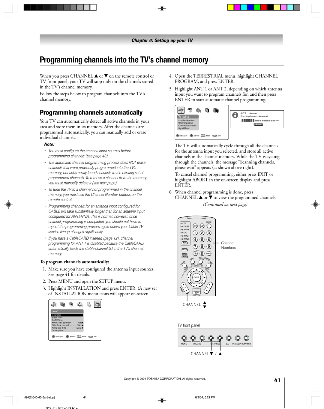 Toshiba 51H94 owner manual Programming channels into the TV’s channel memory, Programming channels automatically 